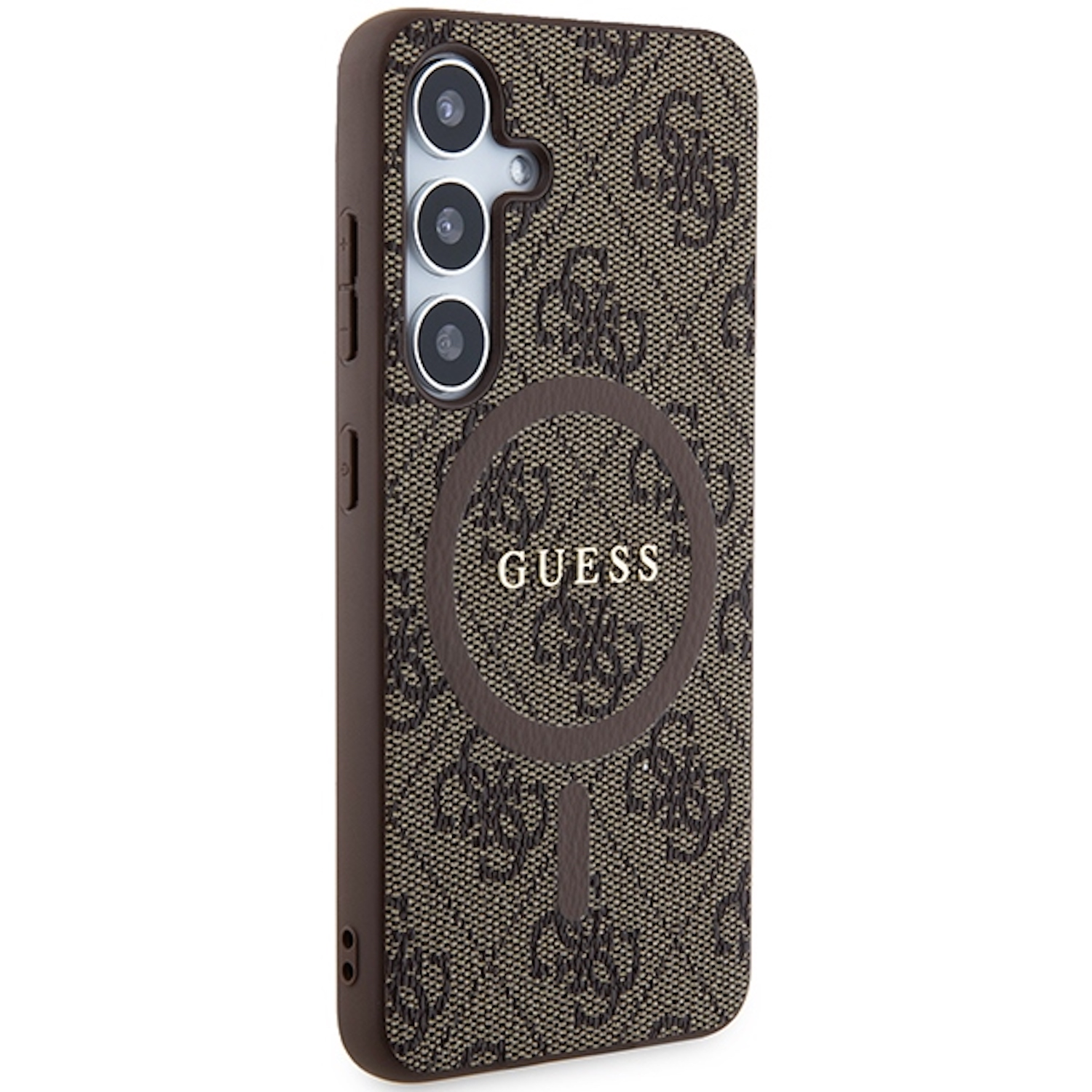 Custodia per telefono marrone con logo Guess, fotocamera e anello MagSafe.