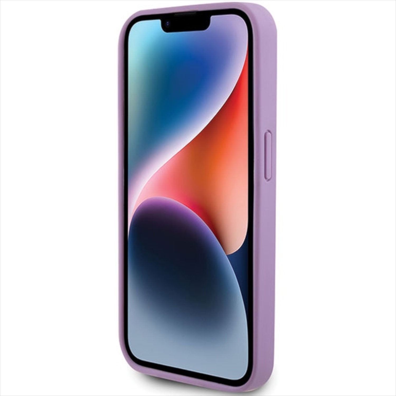 Custodia per telefono viola. È visibile uno schermo del telefono che mostra uno sfondo astratto e colorato.