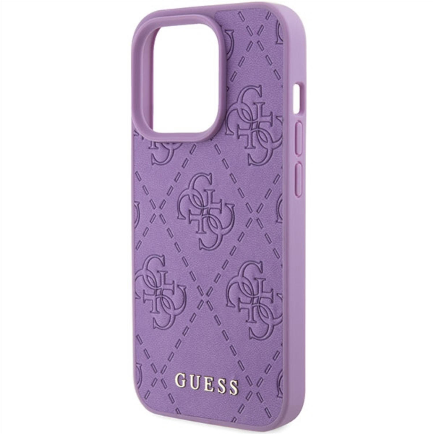Custodia per telefono Guess viola con motivo logo in rilievo e marchio.
