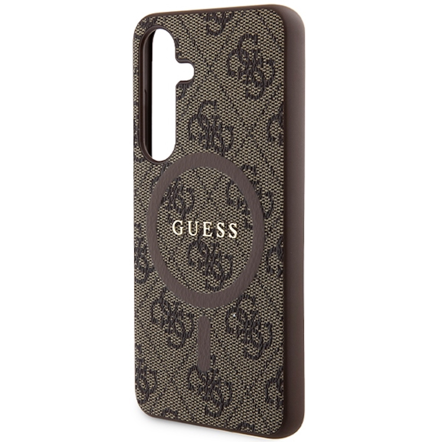 Custodia per telefono Guess marrone con motivo logo e marchio, con un design circolare.