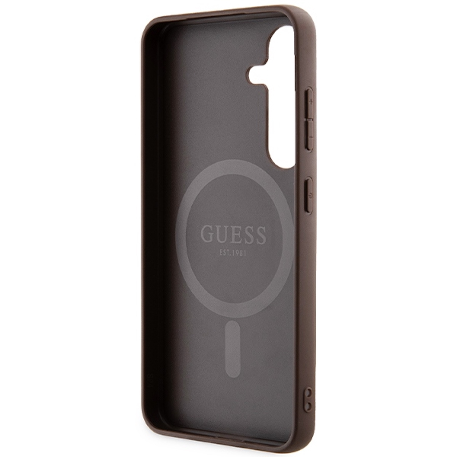 Custodia per telefono Guess marrone scuro, vista interna, con logo Guess e anello magnetico.