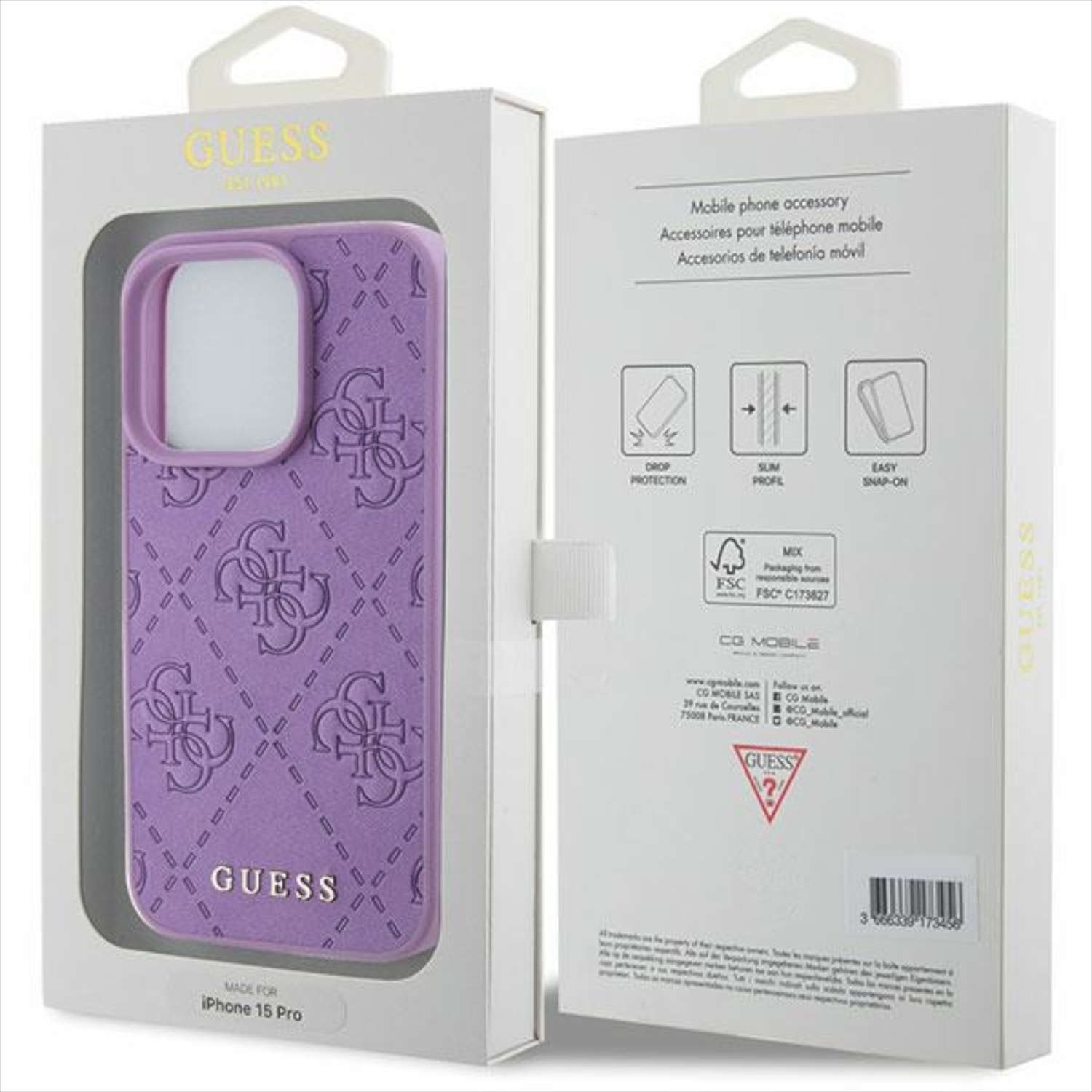 GUESS Leder 4G Stamped Design Hlle, Backcover, Apple, iPhone 15 Pro Max,  Lila | SATURN