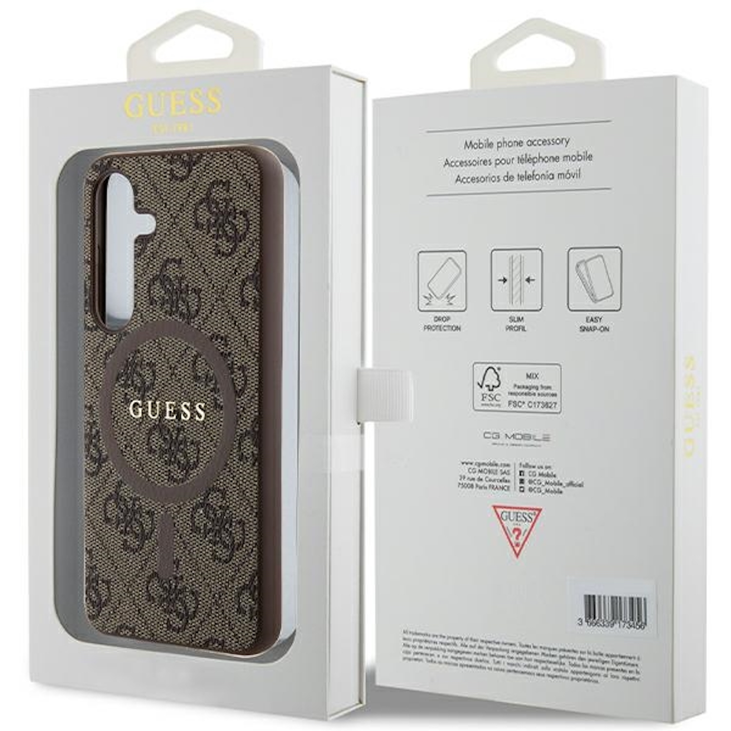 Custodia Guess in una scatola. Include protezione dalle cadute, profilo sottile e facile da agganciare.