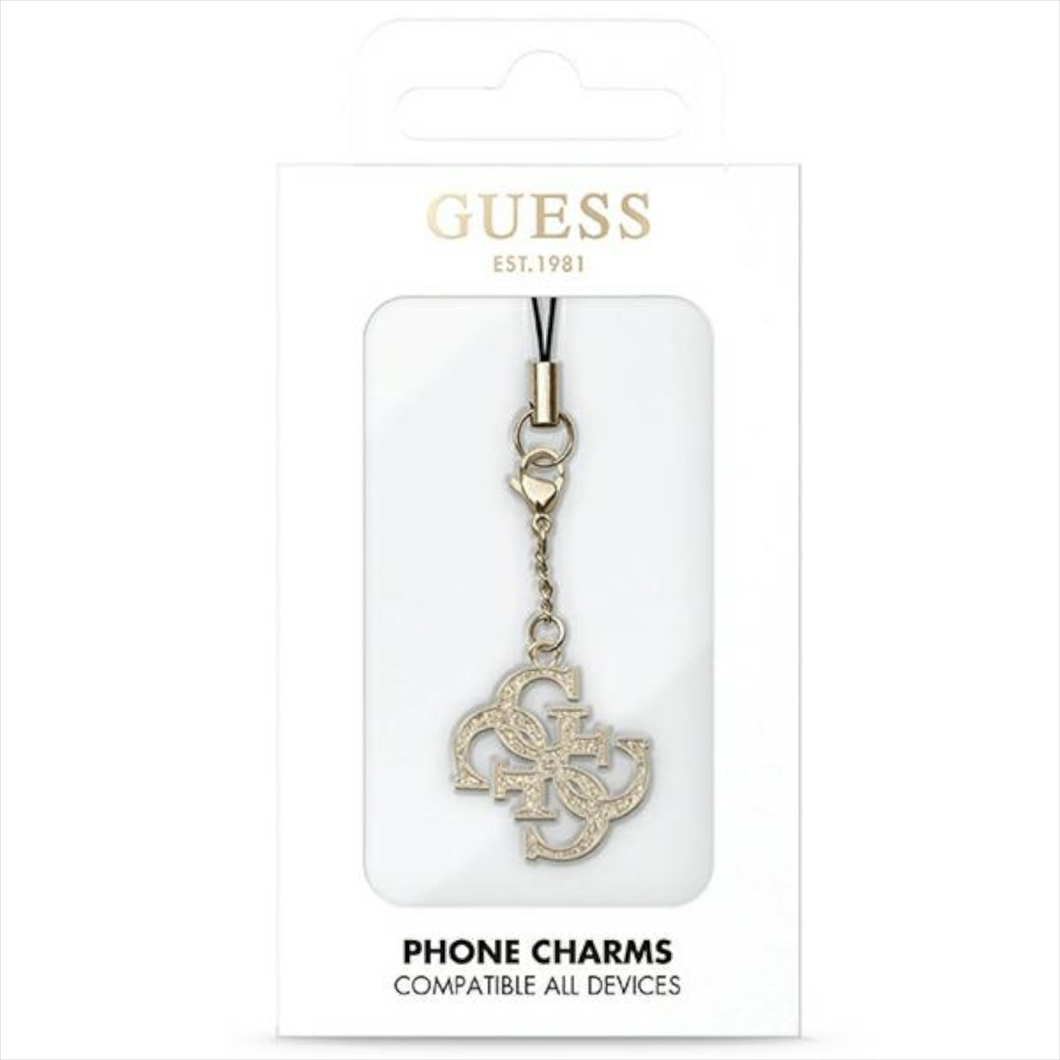 Charm per telefono Guess bianco con catena dorata.