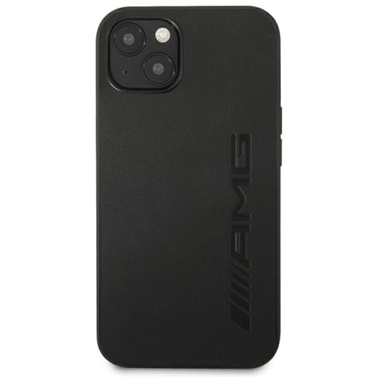 Custodia per telefono nera con logo AMG e tripla fotocamera.