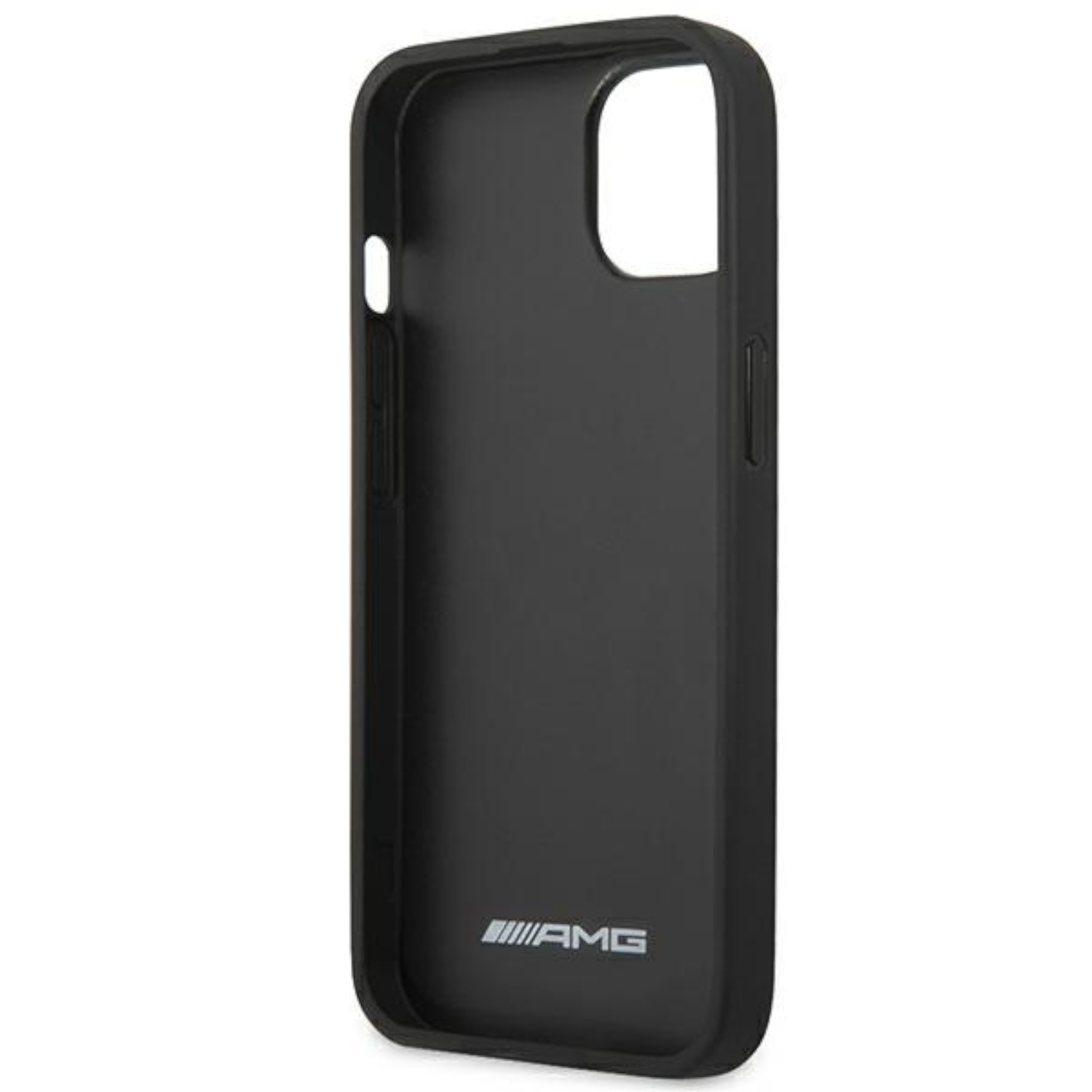 Custodia per telefono nera, vista interna. Logo AMG in basso. Sfondo bianco.