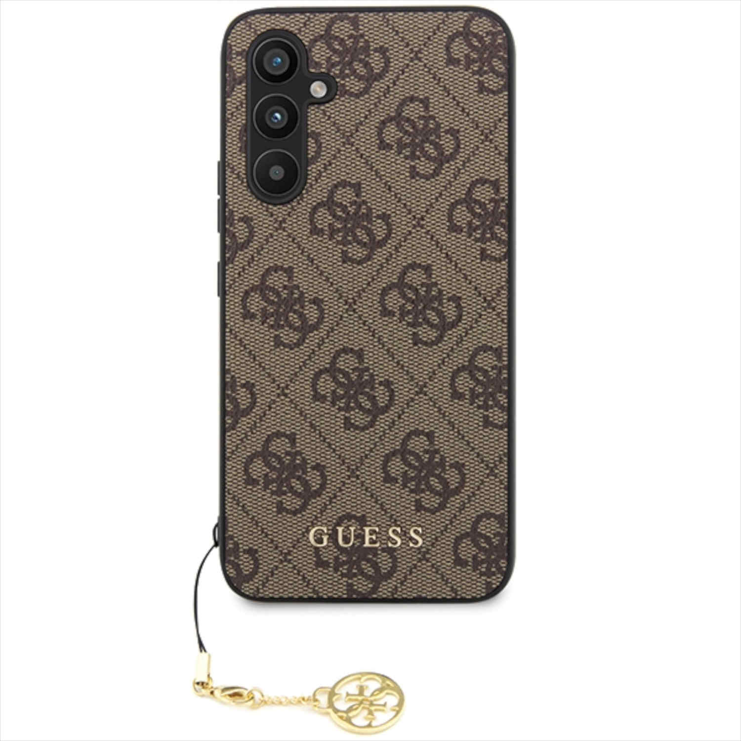 Custodia per telefono marrone con motivo ripetuto del logo Guess, cornice nera e ciondolo dorato.