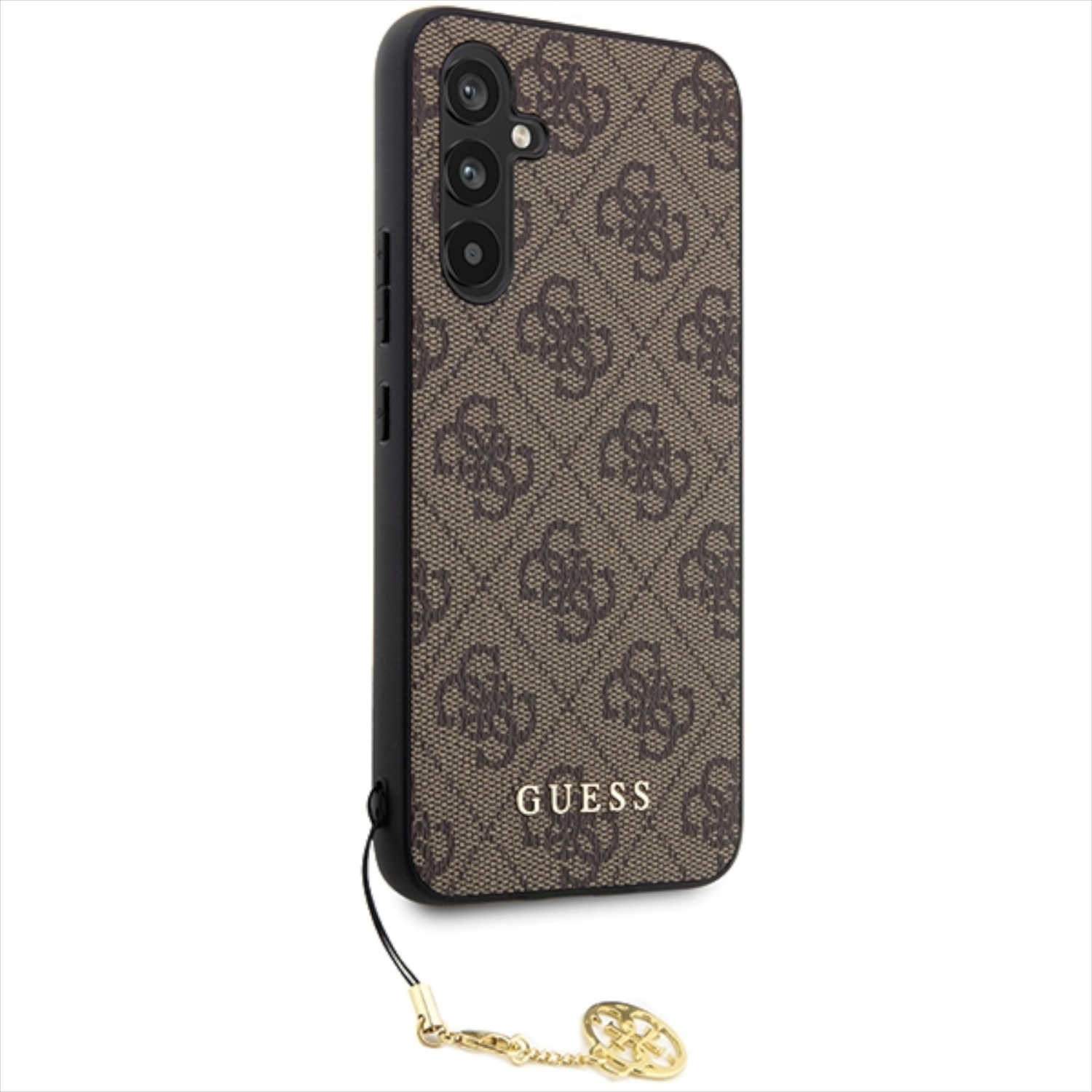 Custodia per telefono con un motivo. La custodia è marrone e nera con un logo Guess.