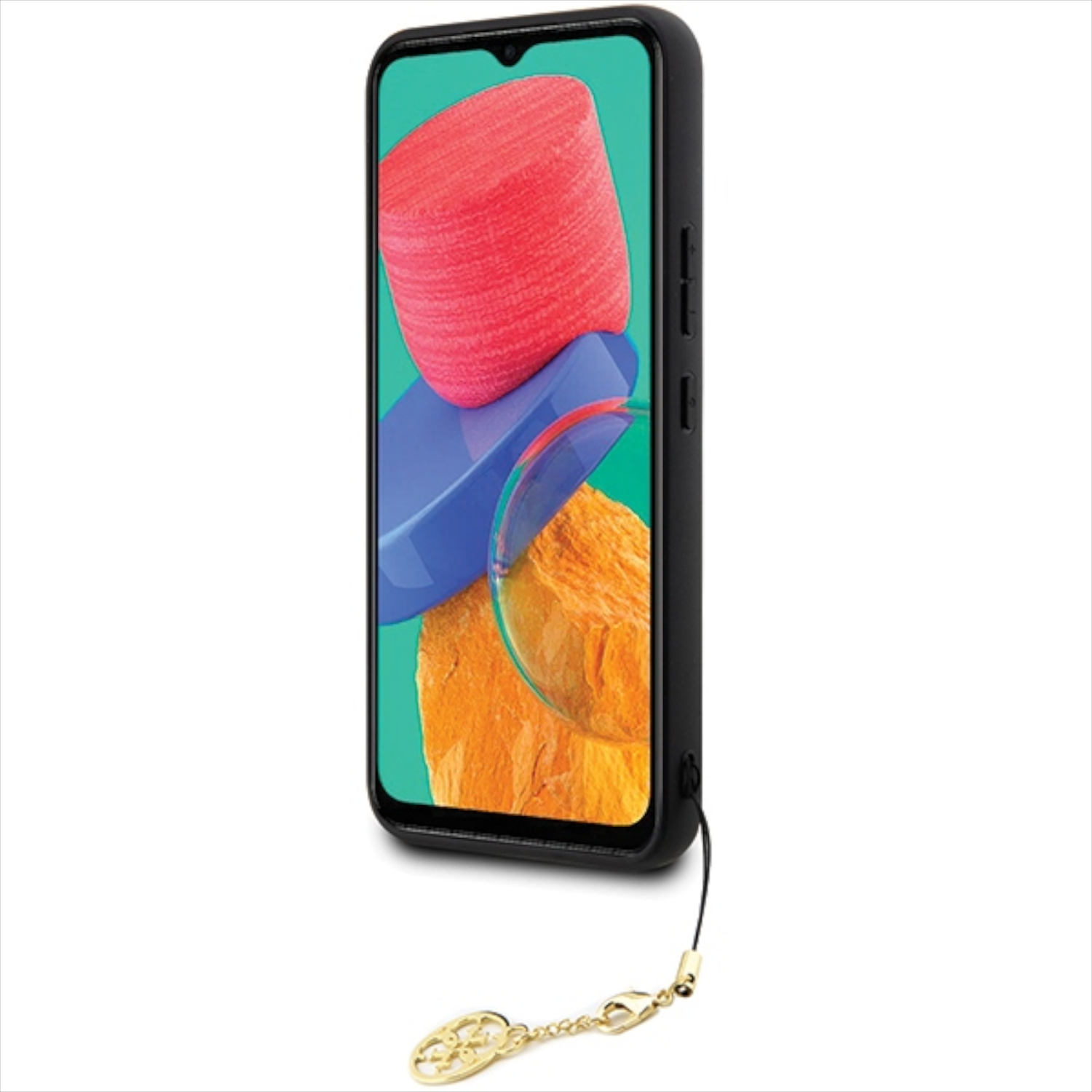 Telefono nero con schermo che mostra forme colorate e un ciondolo dorato.