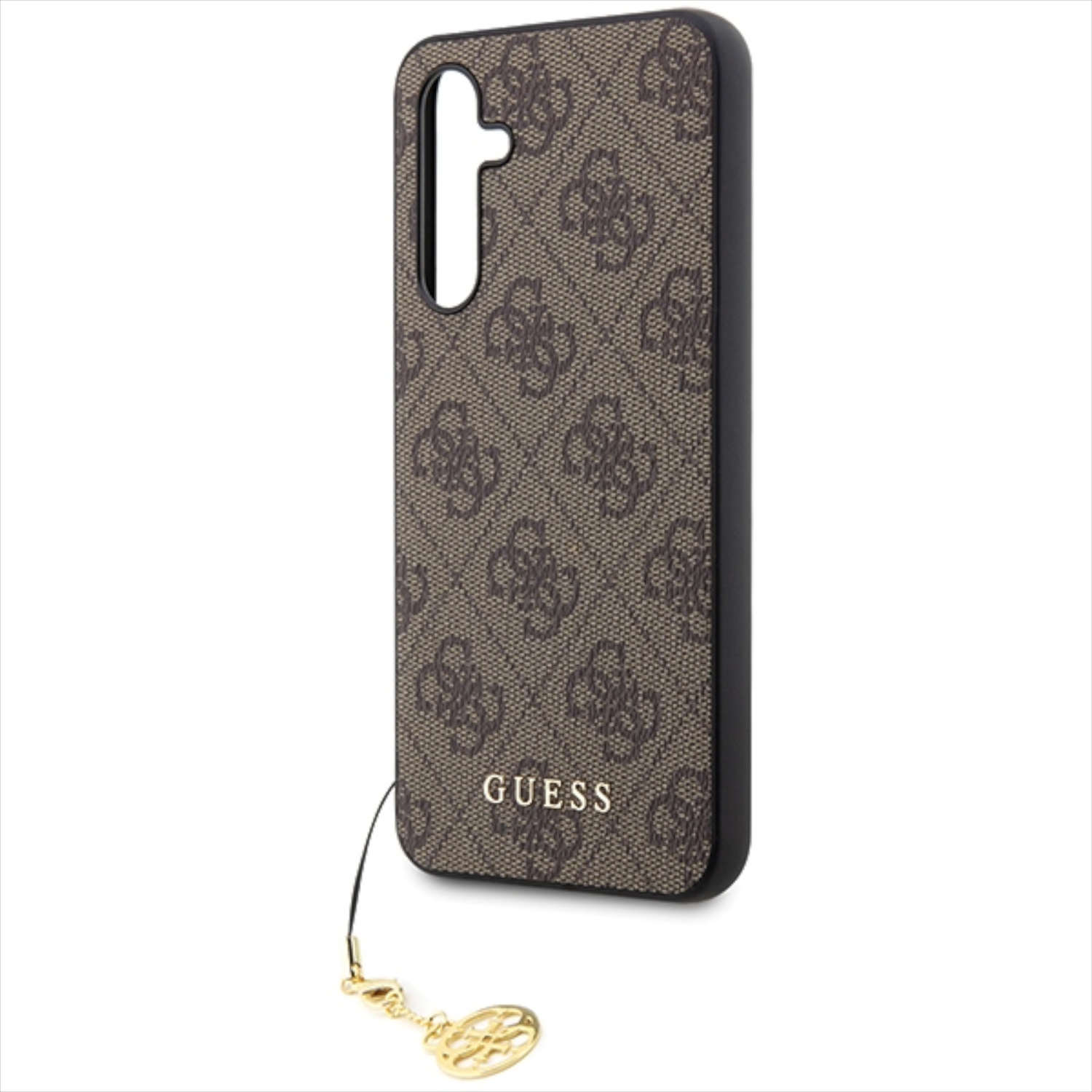 Custodia per telefono Guess marrone con motivo logo. Logo e ciondolo Guess dorati. Sfondo bianco.
