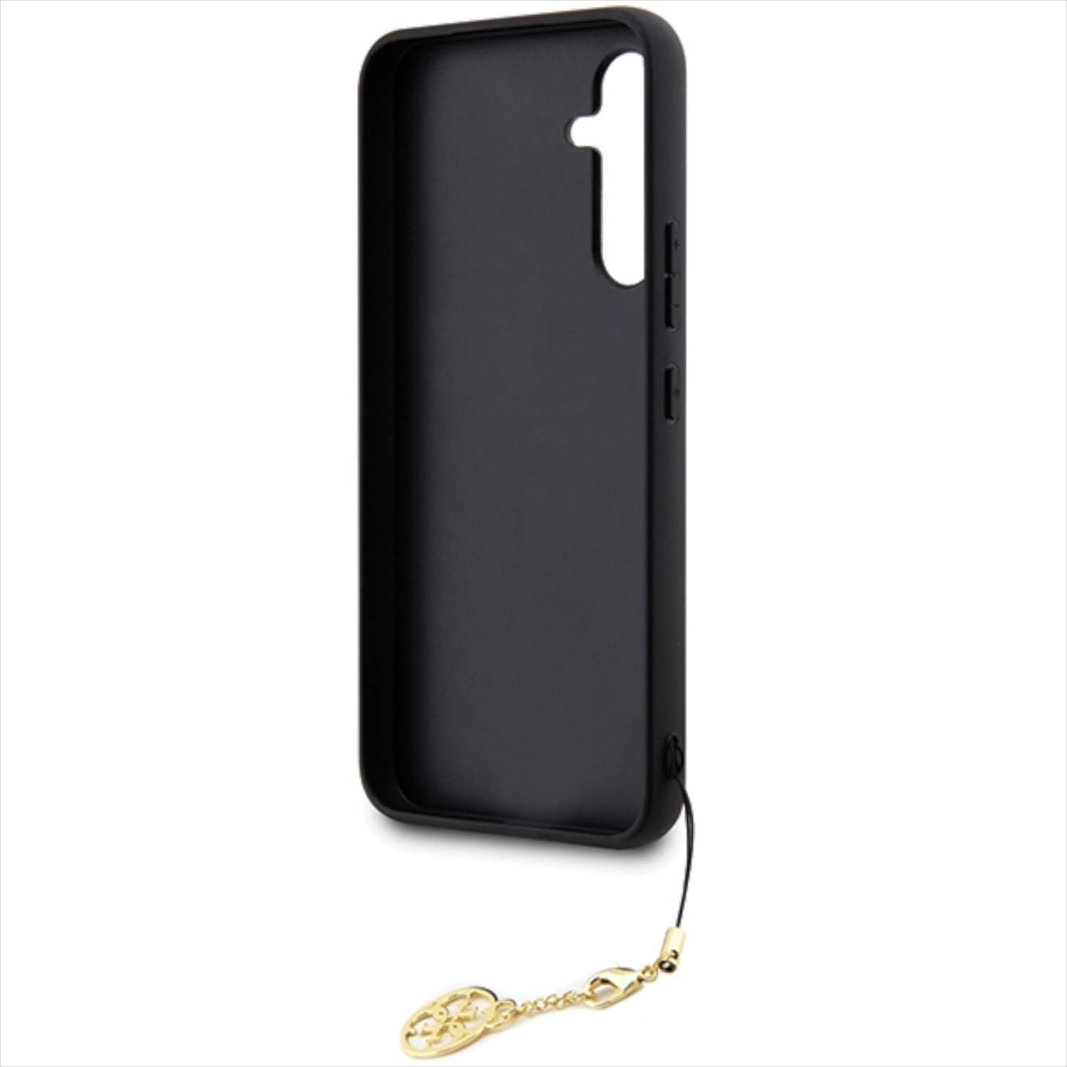 Custodia per telefono nera con un ciondolo dorato e un foro per la fotocamera.