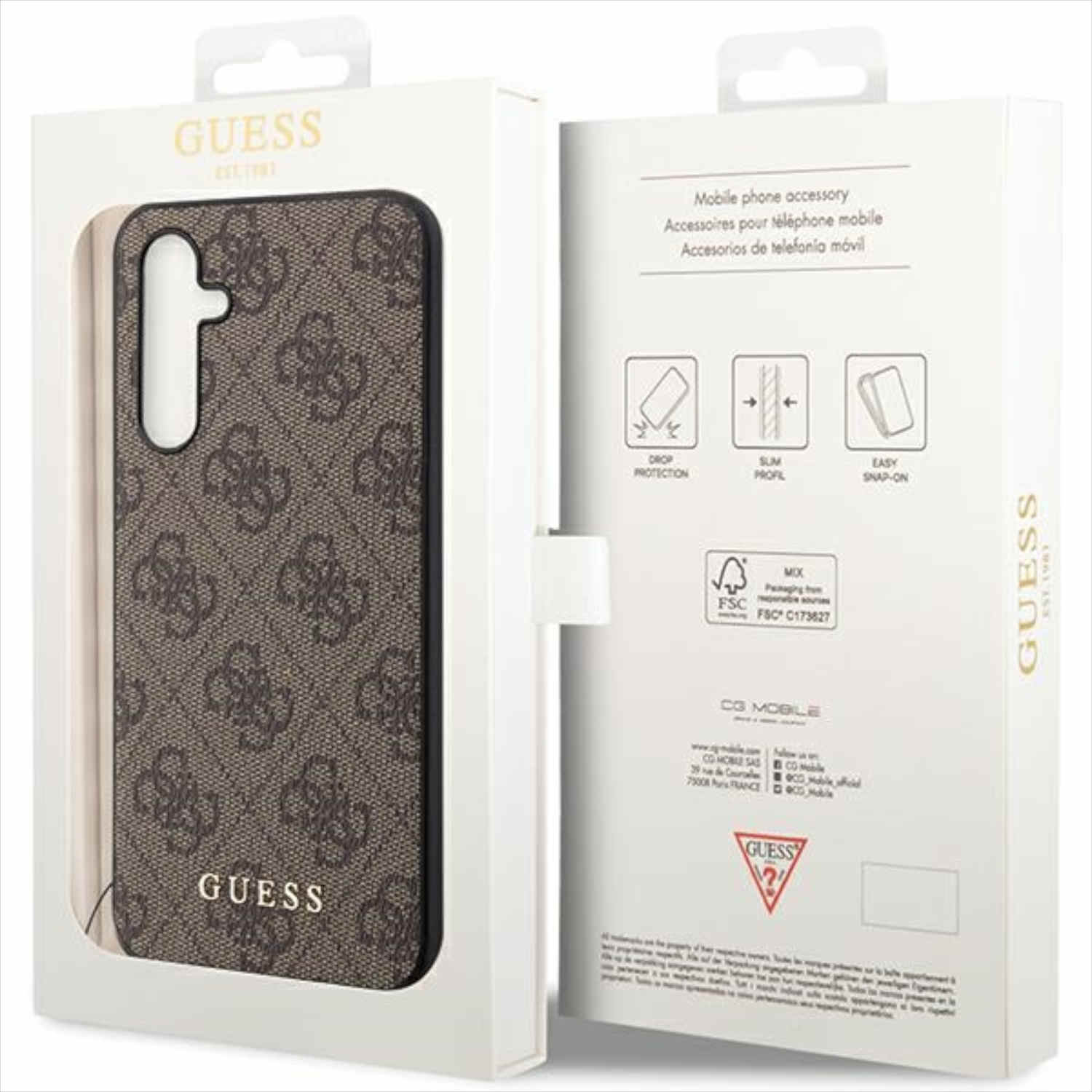 Custodia per telefono Guess marrone in scatola bianca, con logo e motivo.