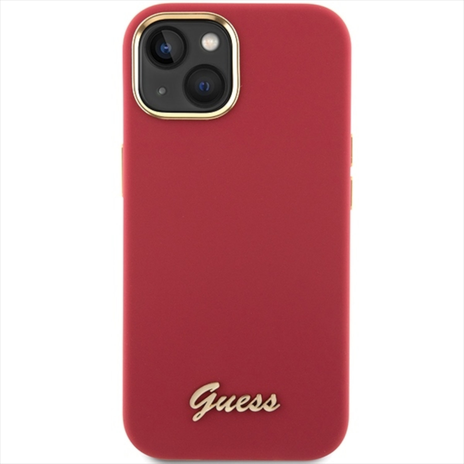 Custodia per telefono rossa con logo Guess dorato. Cornice per lenti dorata. Sfondo bianco.