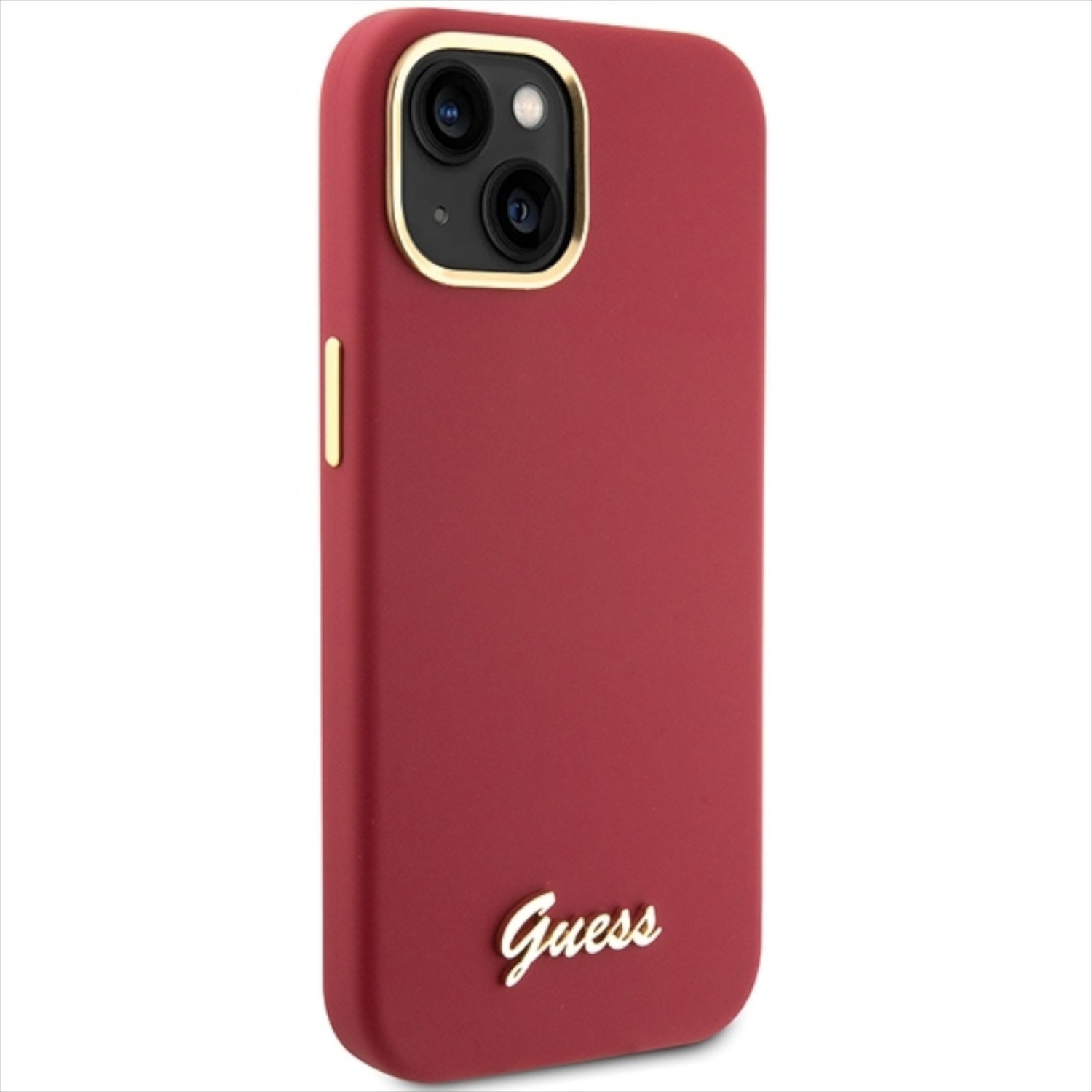 Custodia per telefono rossa. Logo Guess dorato e anello della fotocamera. La custodia è su sfondo bianco.