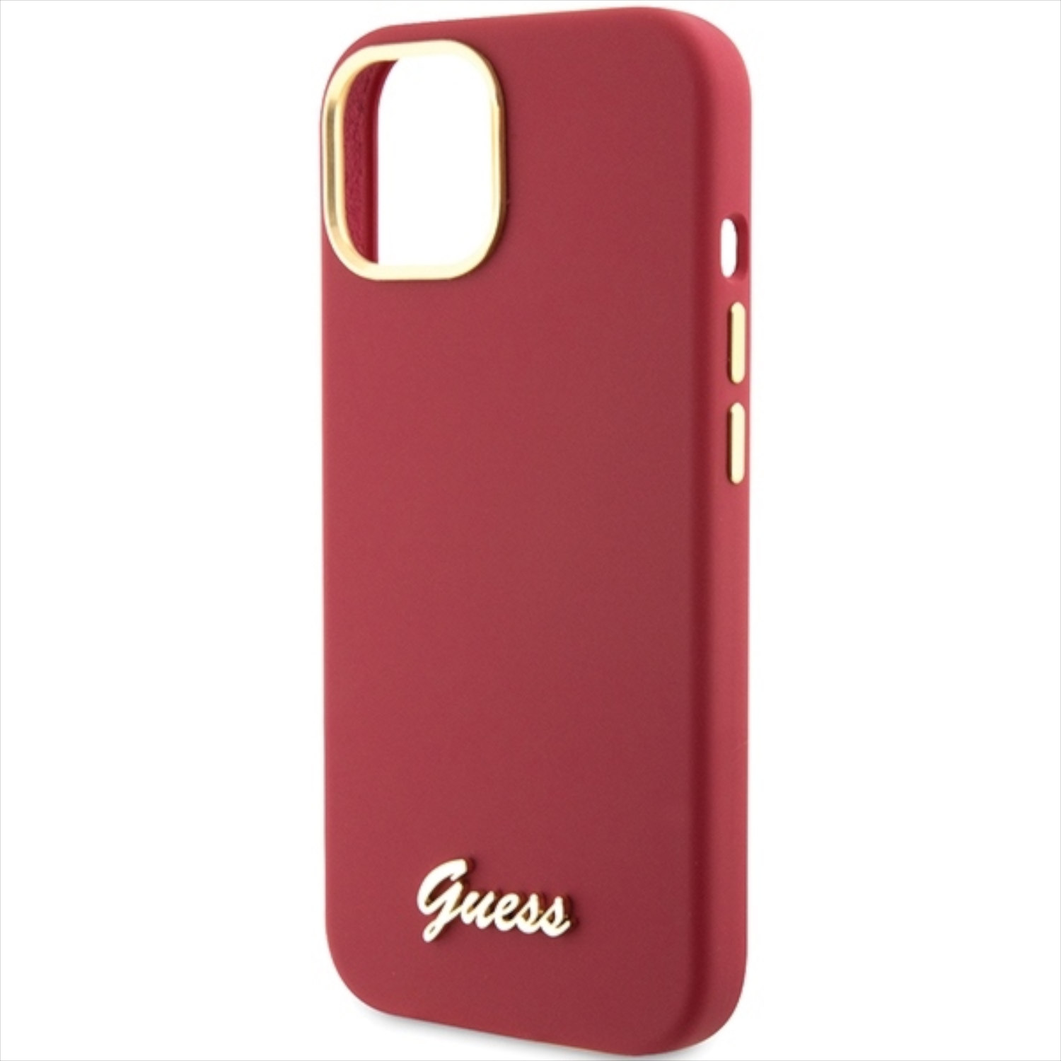 Custodia per telefono rossa con logo 'Guess' dorato. La custodia è su sfondo bianco. La sezione della fotocamera è aperta.