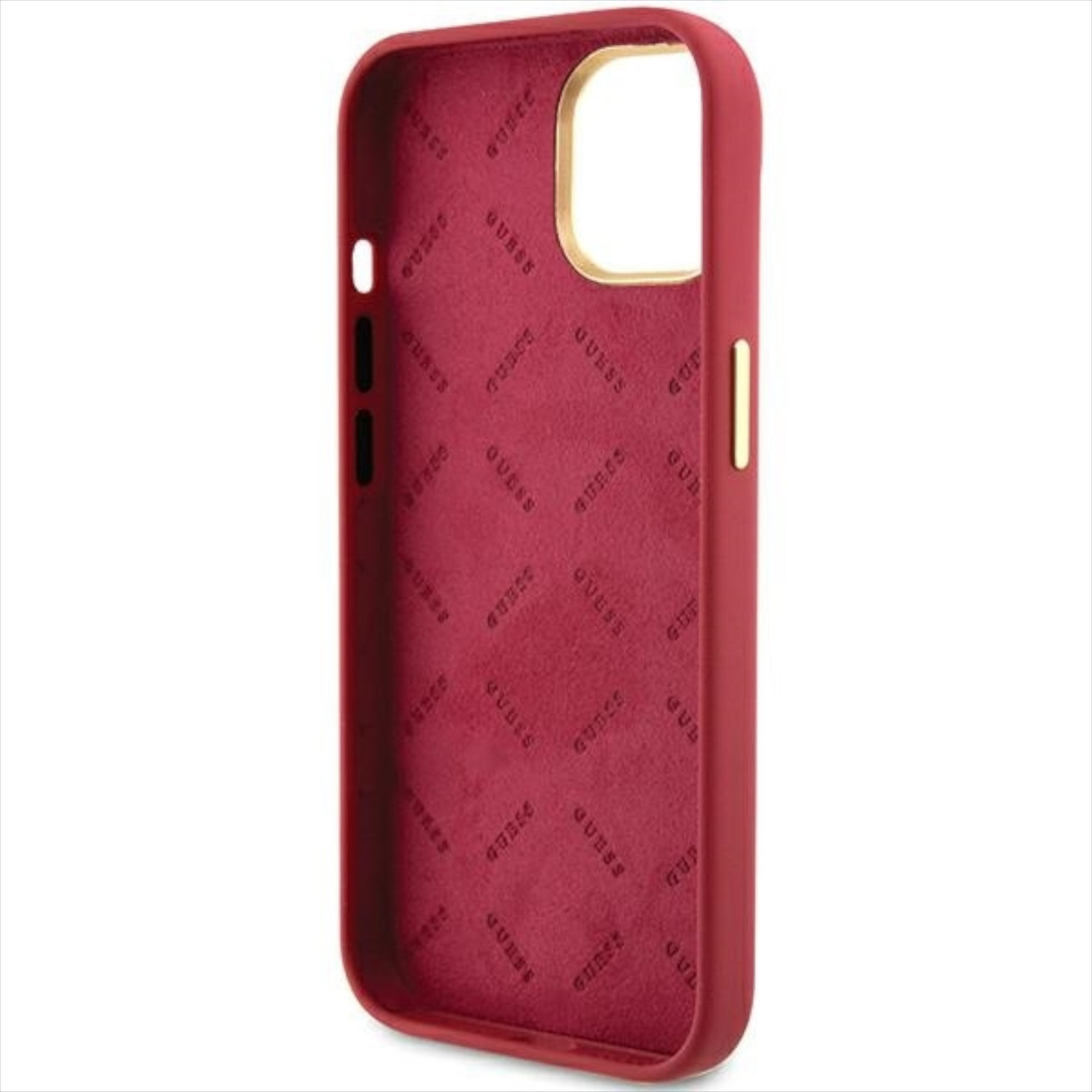 Interno rosso della custodia Guess per telefono. Loghi Guess all'interno.
