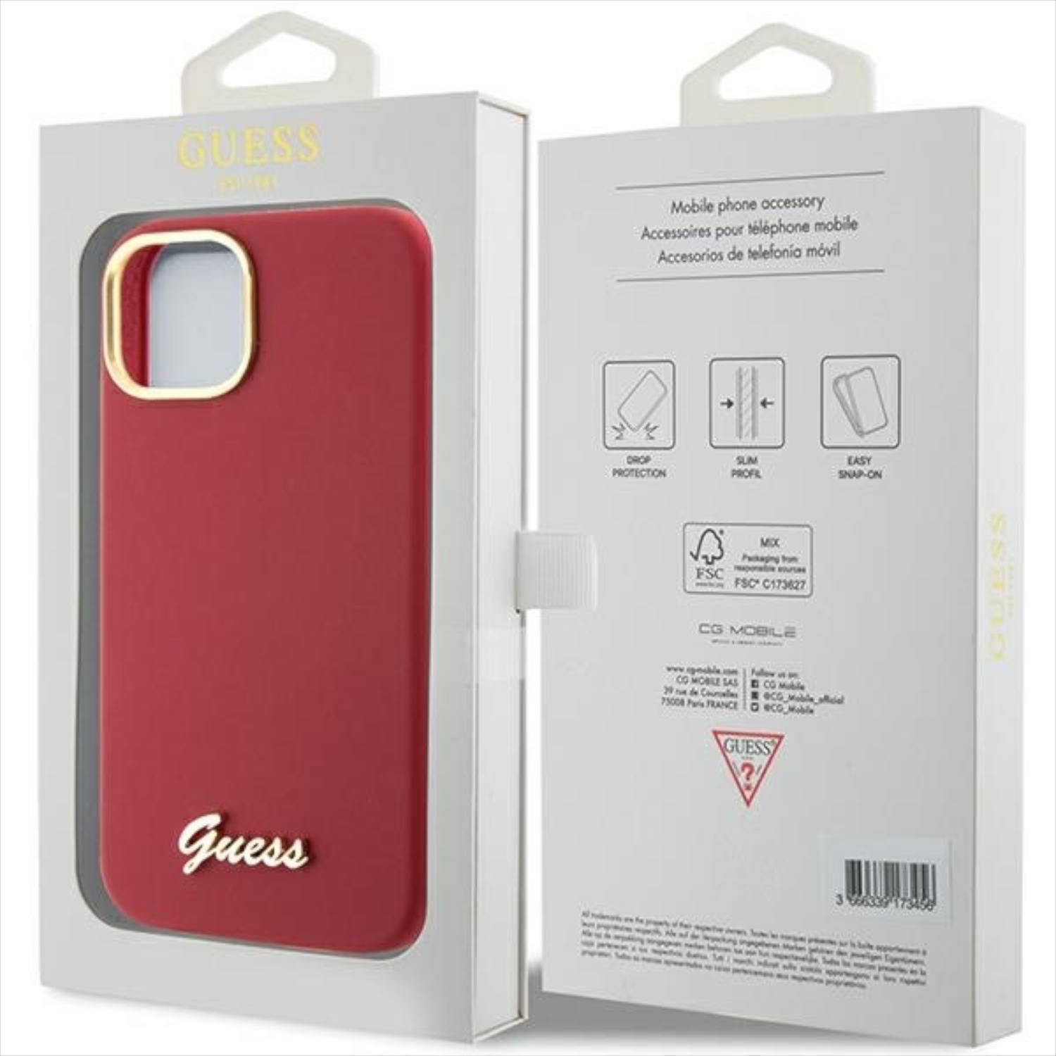 Custodia rossa per telefono con logo Guess in scatola bianca. Vista aperta.