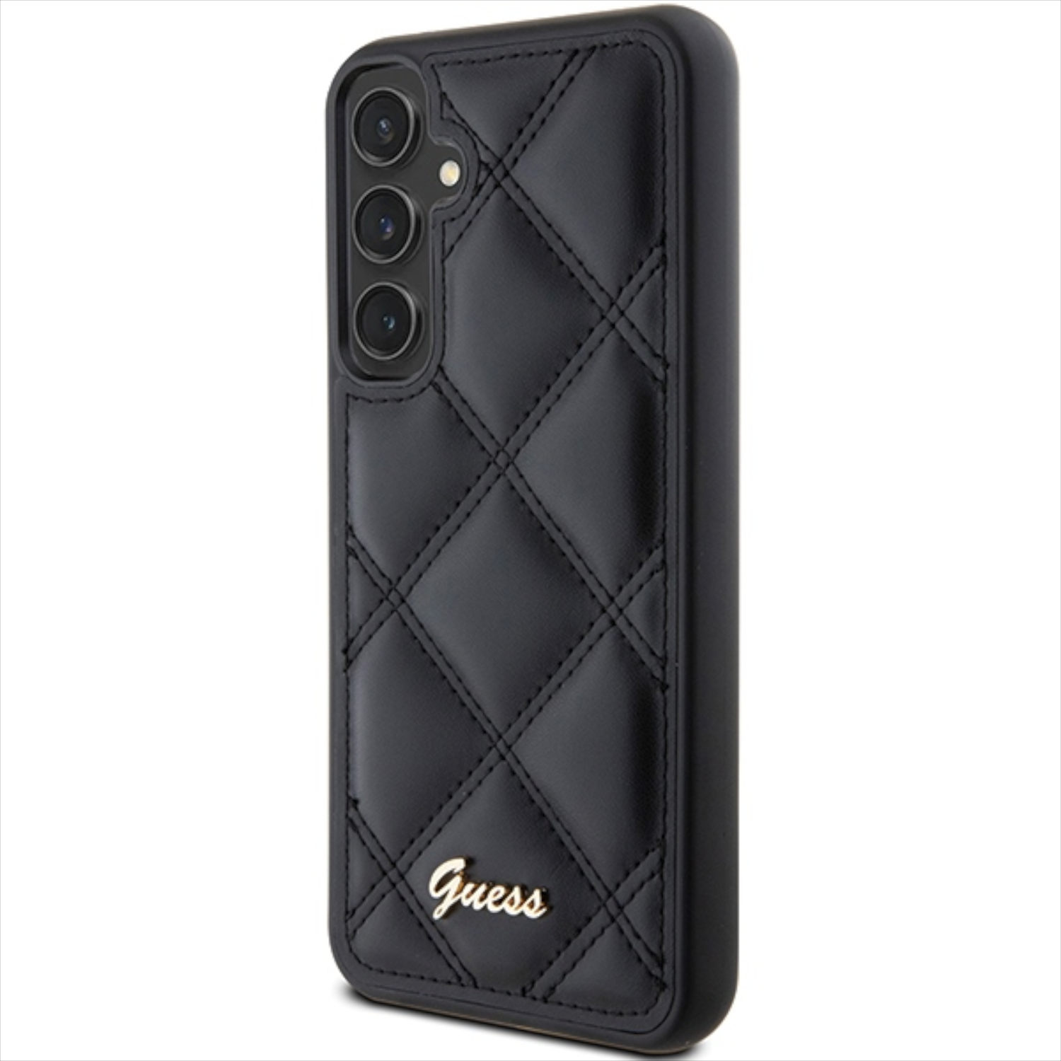 Custodia nera per telefono con design trapuntato e logo Guess. Sfondo nero.