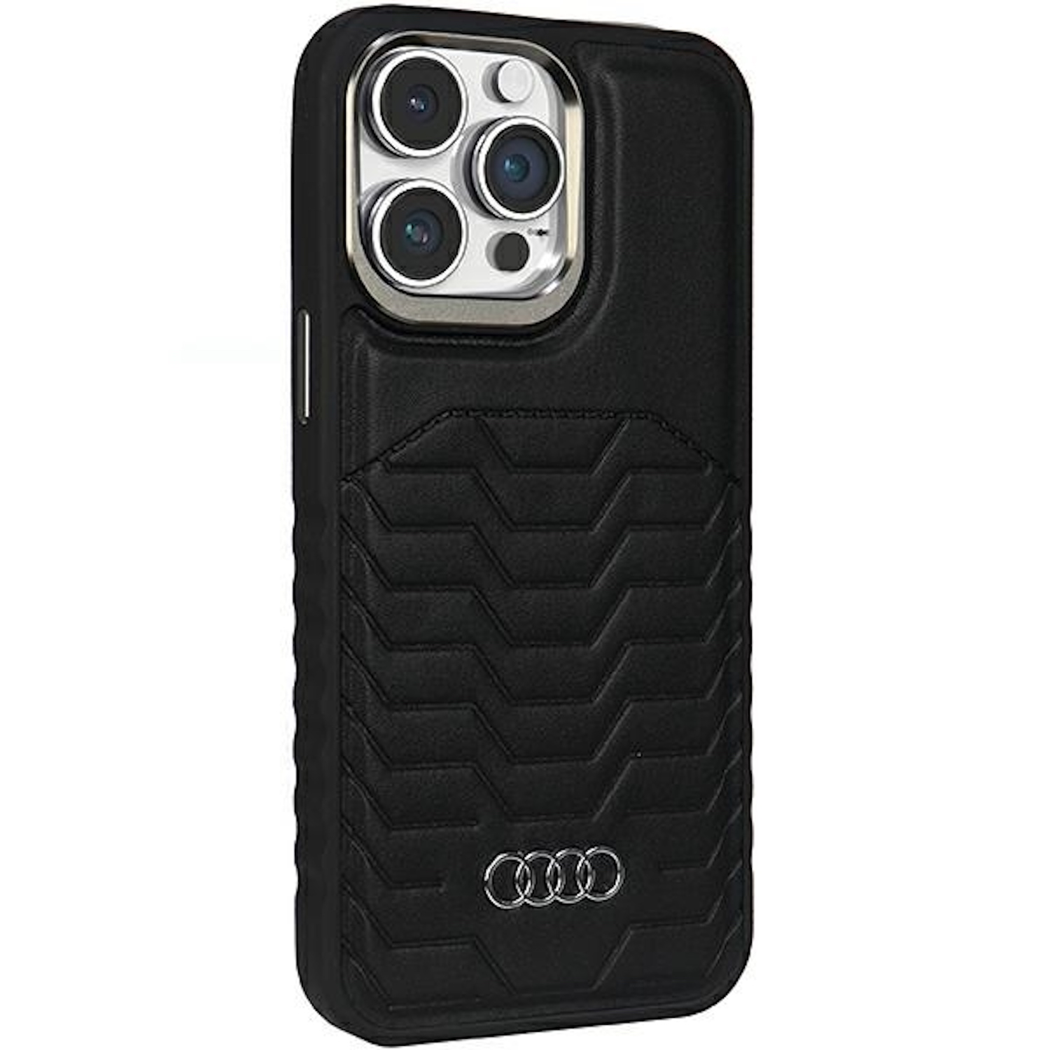Schwarze Leder-Handyhülle mit Audi-Logo. Zickzackmuster.