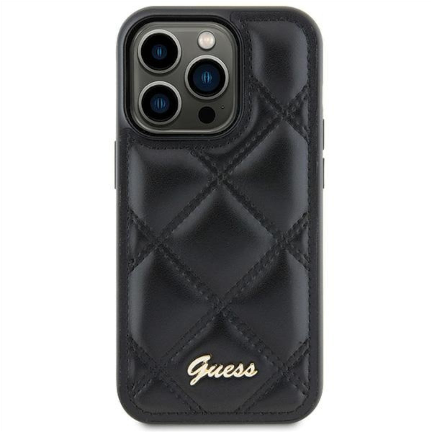 Custodia trapuntata nera con logo Guess. Vista laterale.