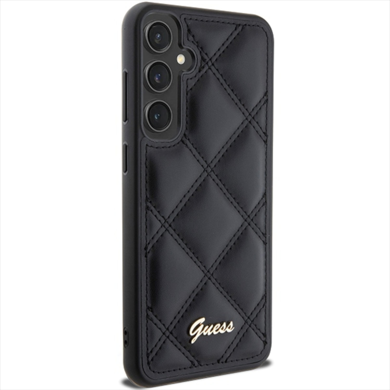 Custodia trapuntata nera con logo Guess. Vista laterale.