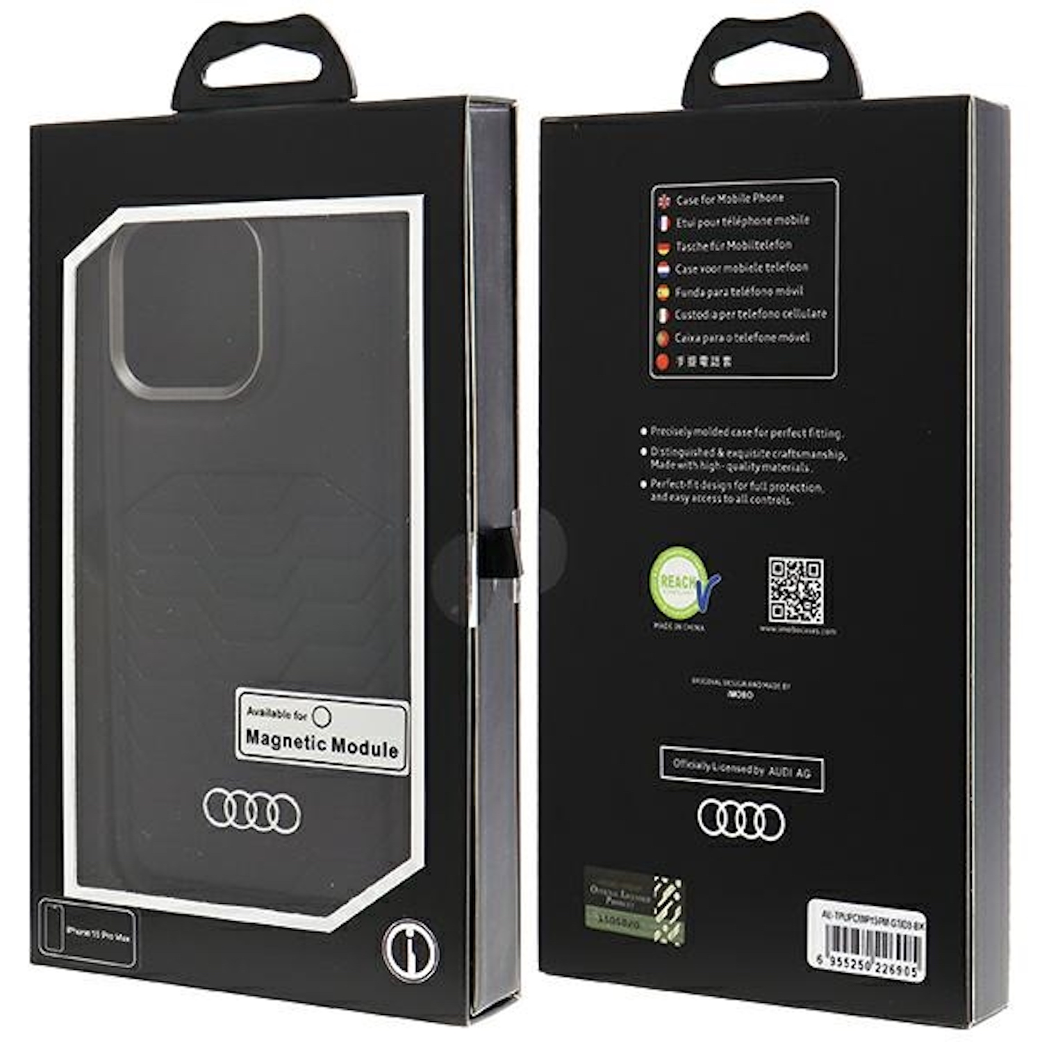 Handyhülle in einer Box. Die Hülle ist schwarz, die Box ist schwarz und weiß. Die Marke ist Audi.
