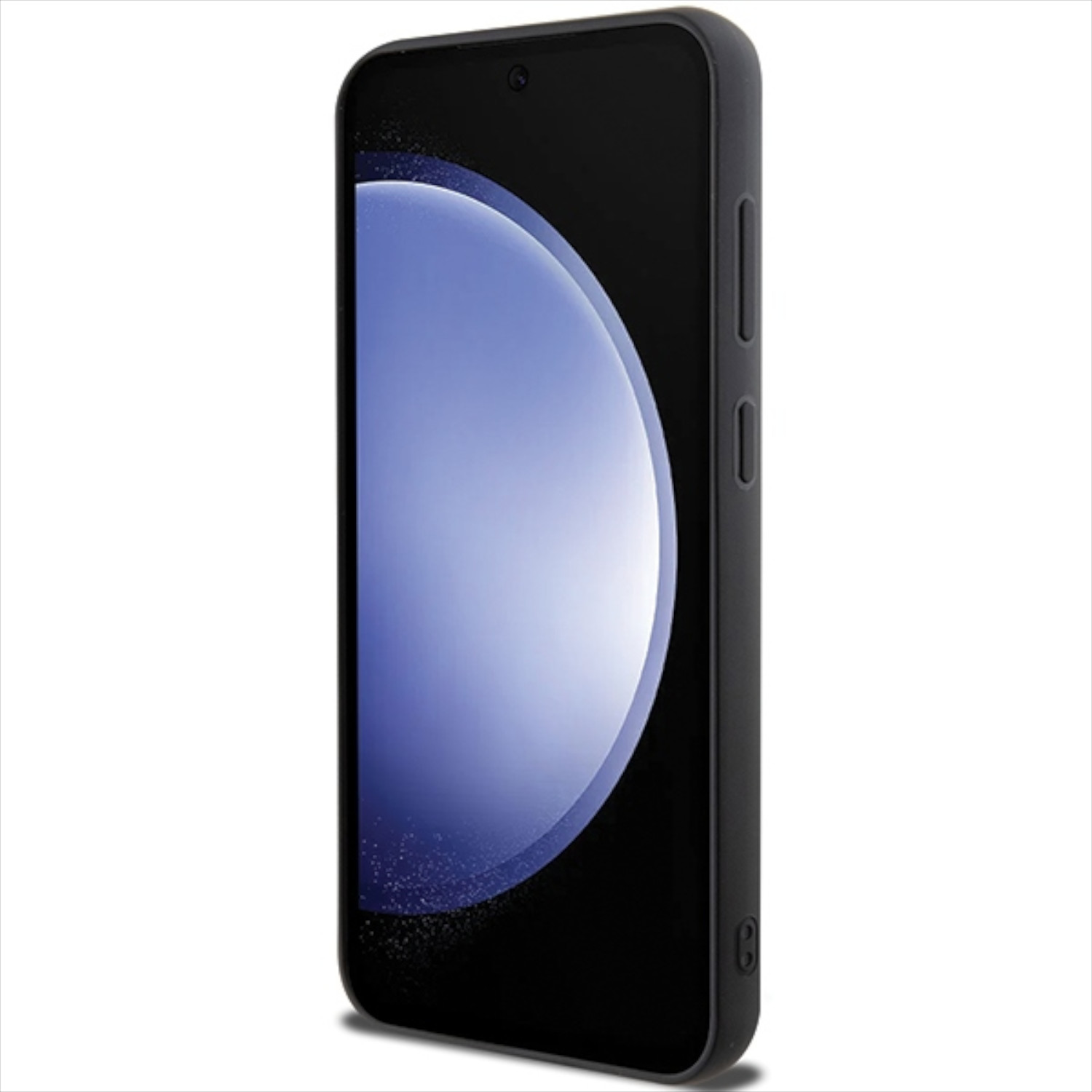 Smartphone nero con schermo blu, vista laterale.