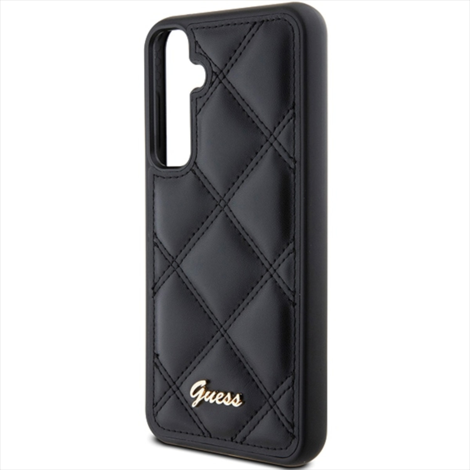 Custodia per telefono nera con motivo trapuntato e logo "Guess" dorato.