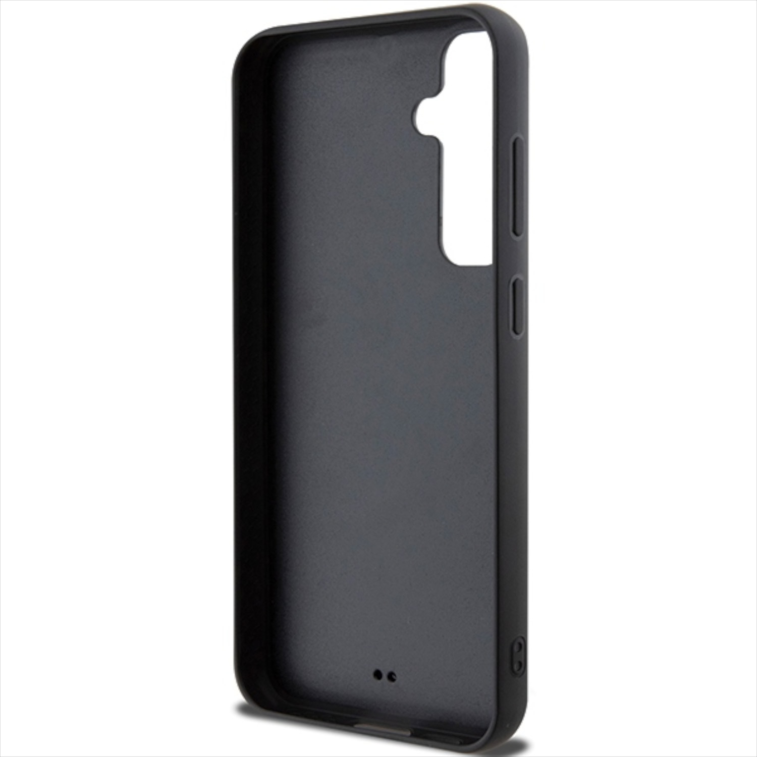 Custodia per telefono nera. Design semplice con ritagli per pulsanti e fotocamera.