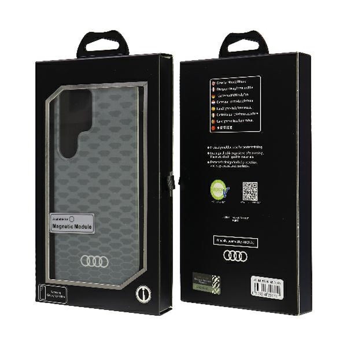 Scatola nera con custodia per telefono. Logo Audi sul davanti.