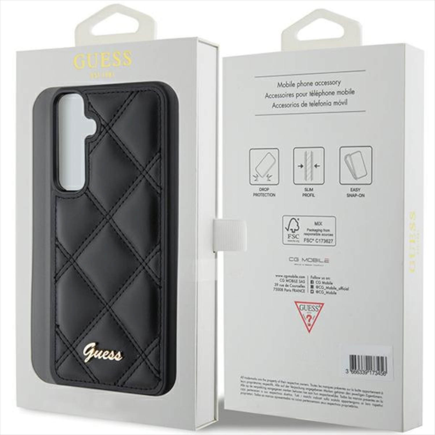 Custodia per telefono Guess nera in confezione. Custodia nera con motivo a diamante cucito e logo Guess.