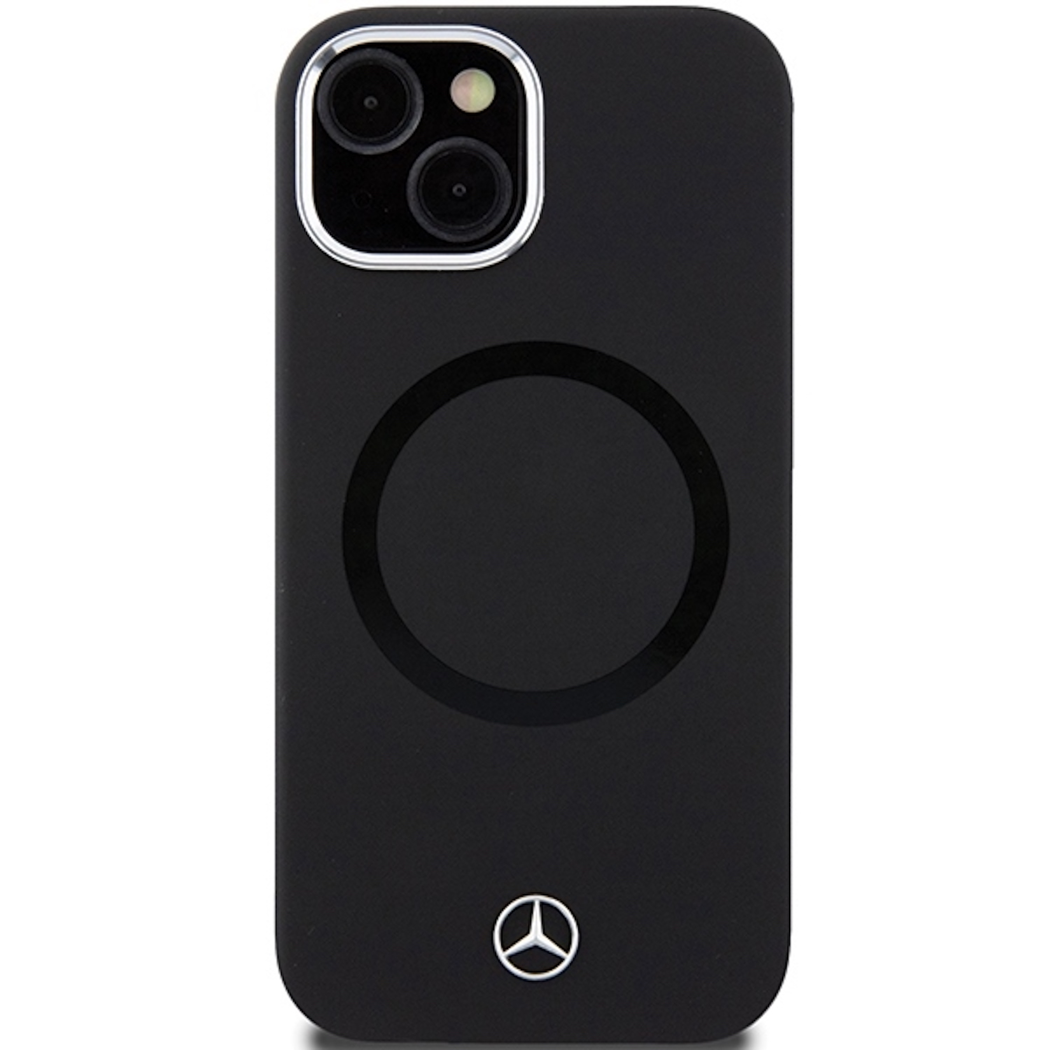 Schwarze Handyhülle mit Mercedes-Logo und magnetischem Ladering. Rückansicht.