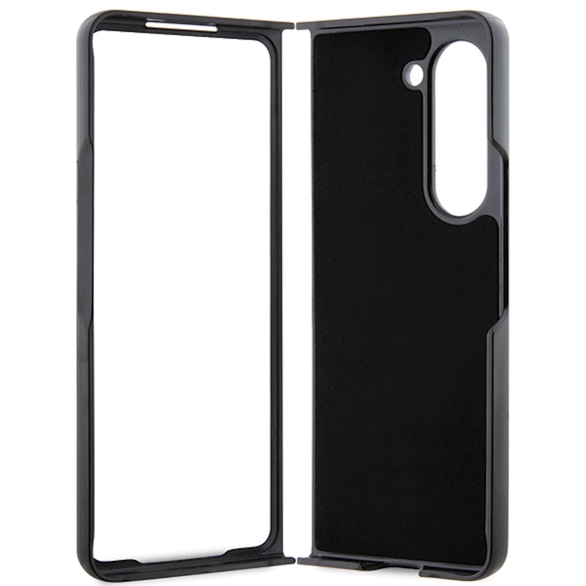 Custodia nera per telefono, design in due pezzi, aperta. Mostra il contorno del telefono.