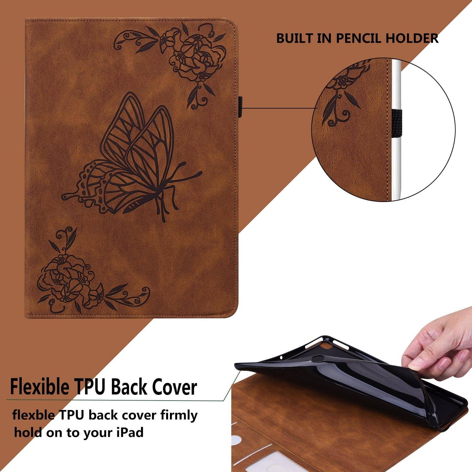 Funda marrón para tableta con diseño de mariposa y flores. Incluye portalápices y cubierta trasera flexible.