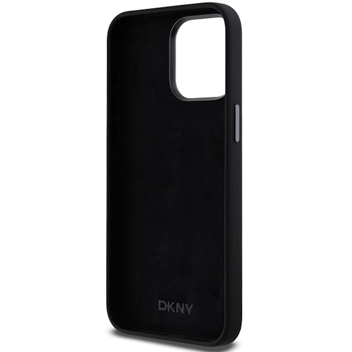 Una custodia nera DKNY per telefono. È liscia e ha un ritaglio per la fotocamera.
