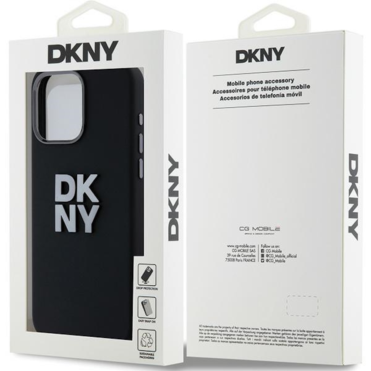 Custodia per telefono DKNY in confezione. Custodia nera con logo DKNY bianco. Mostra protezione da cadute e facile aggancio.