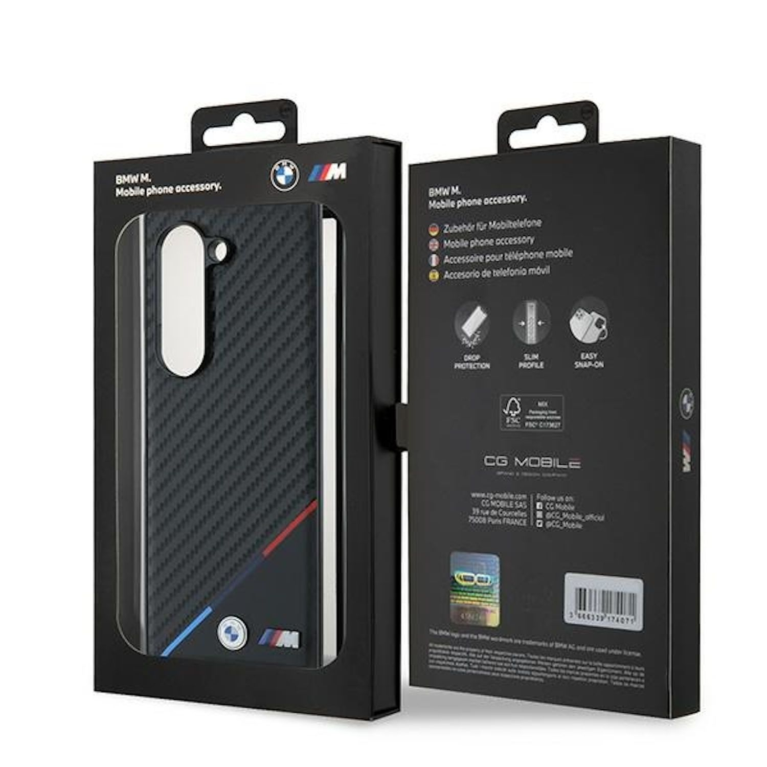 Scatola nera per custodia per telefono con logo BMW. La custodia è nera con trama in fibra di carbonio.