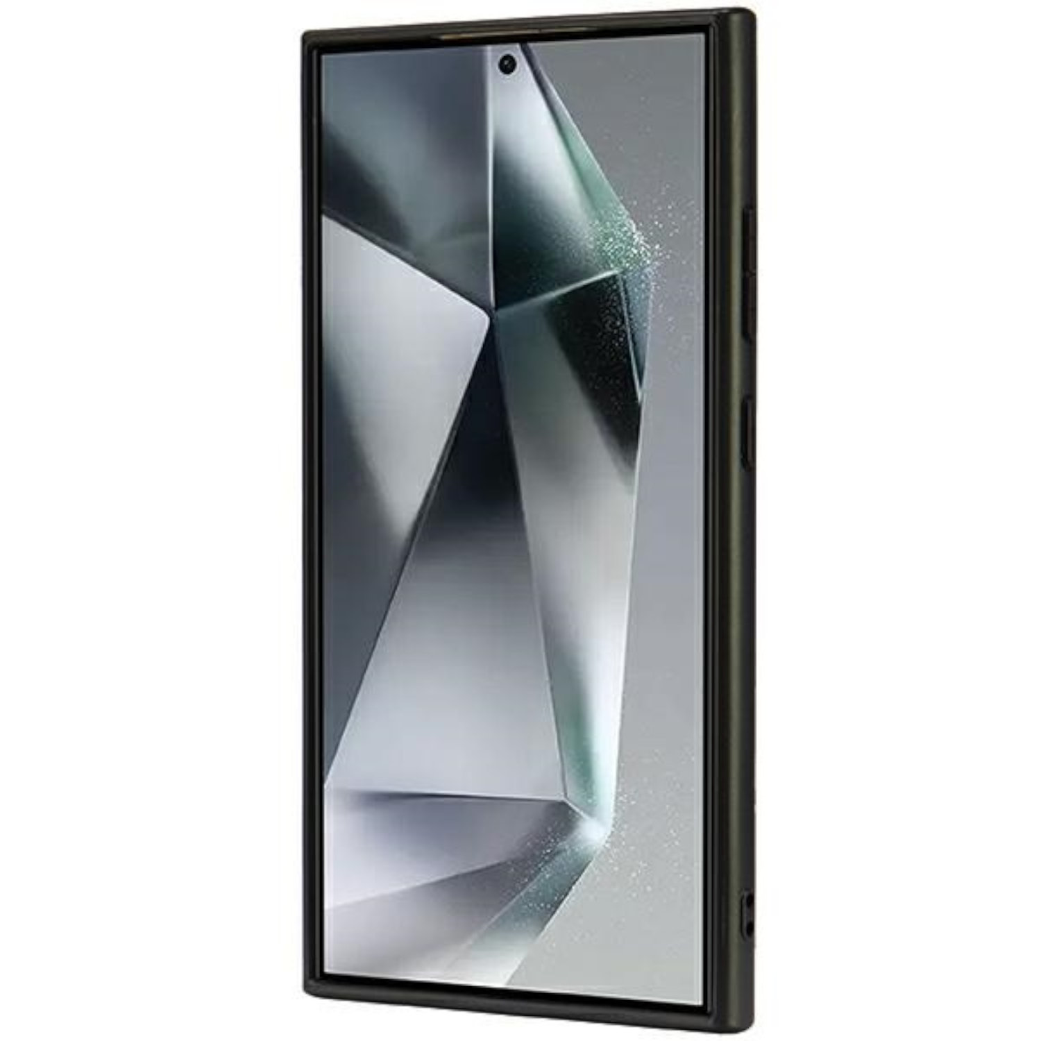 Uno smartphone in una custodia nera. Lo schermo mostra un design geometrico. È una custodia protettiva.