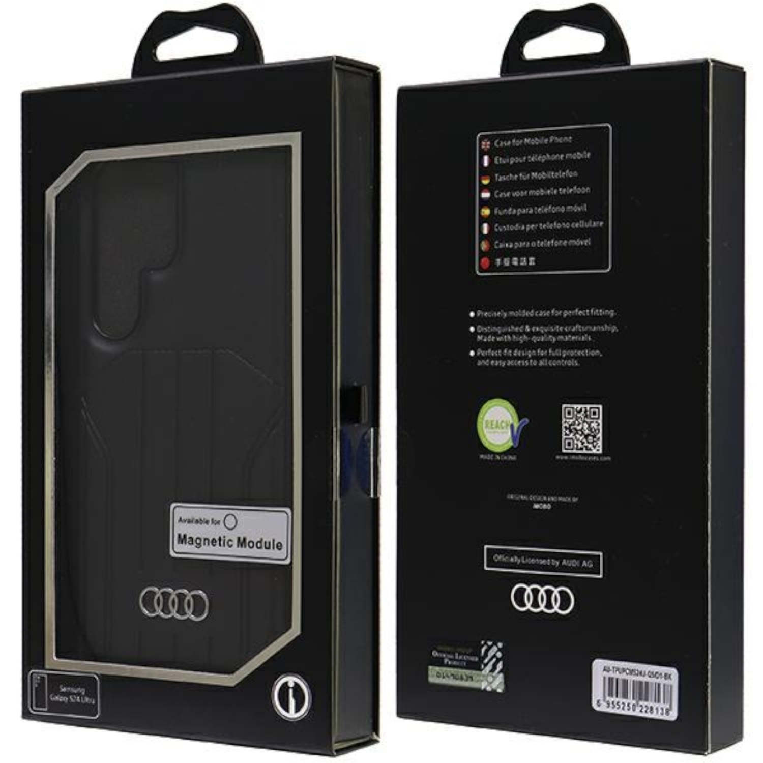 Scatola nera per custodia per telefono con logo Audi. La custodia è nera.