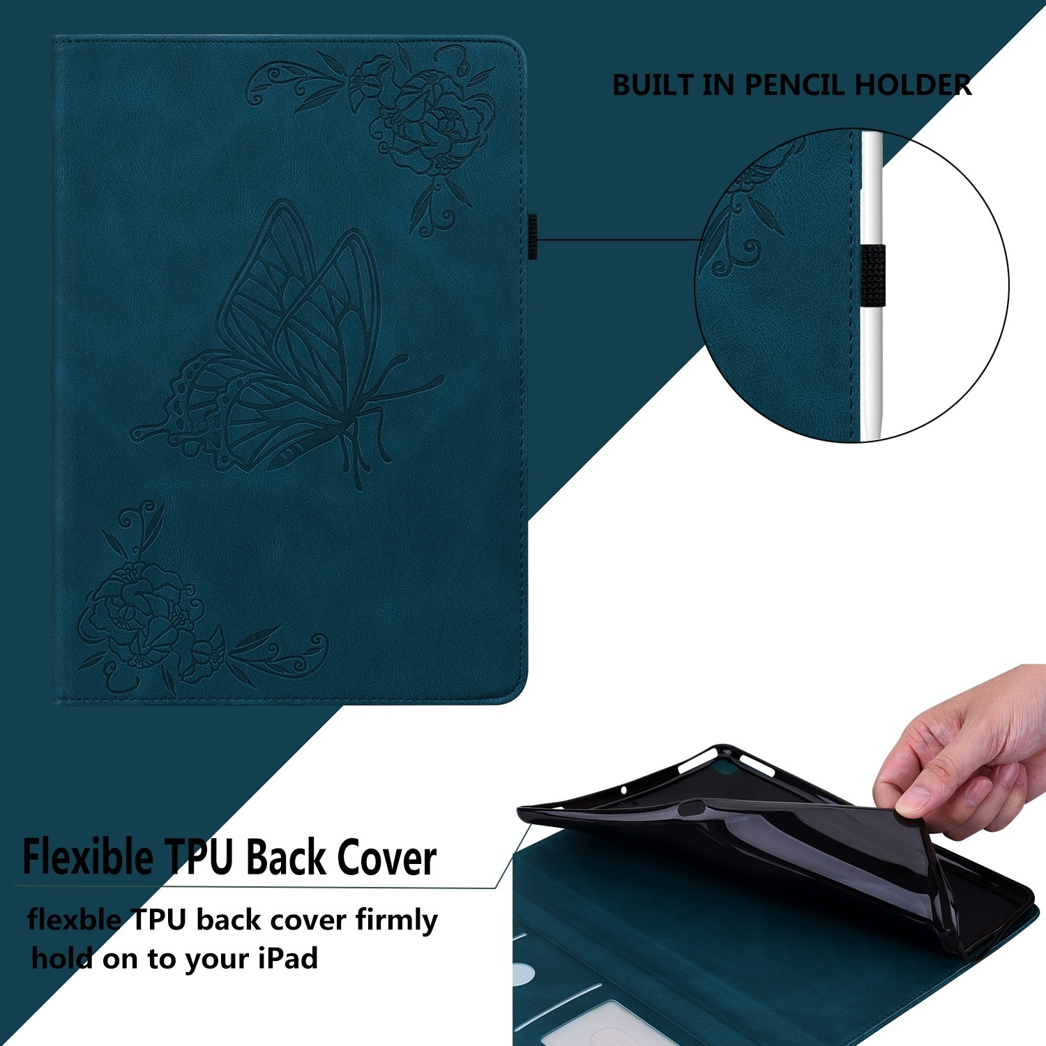 Funda de tableta azul oscuro con diseño de mariposa y flores. Soporte para lápiz visible.