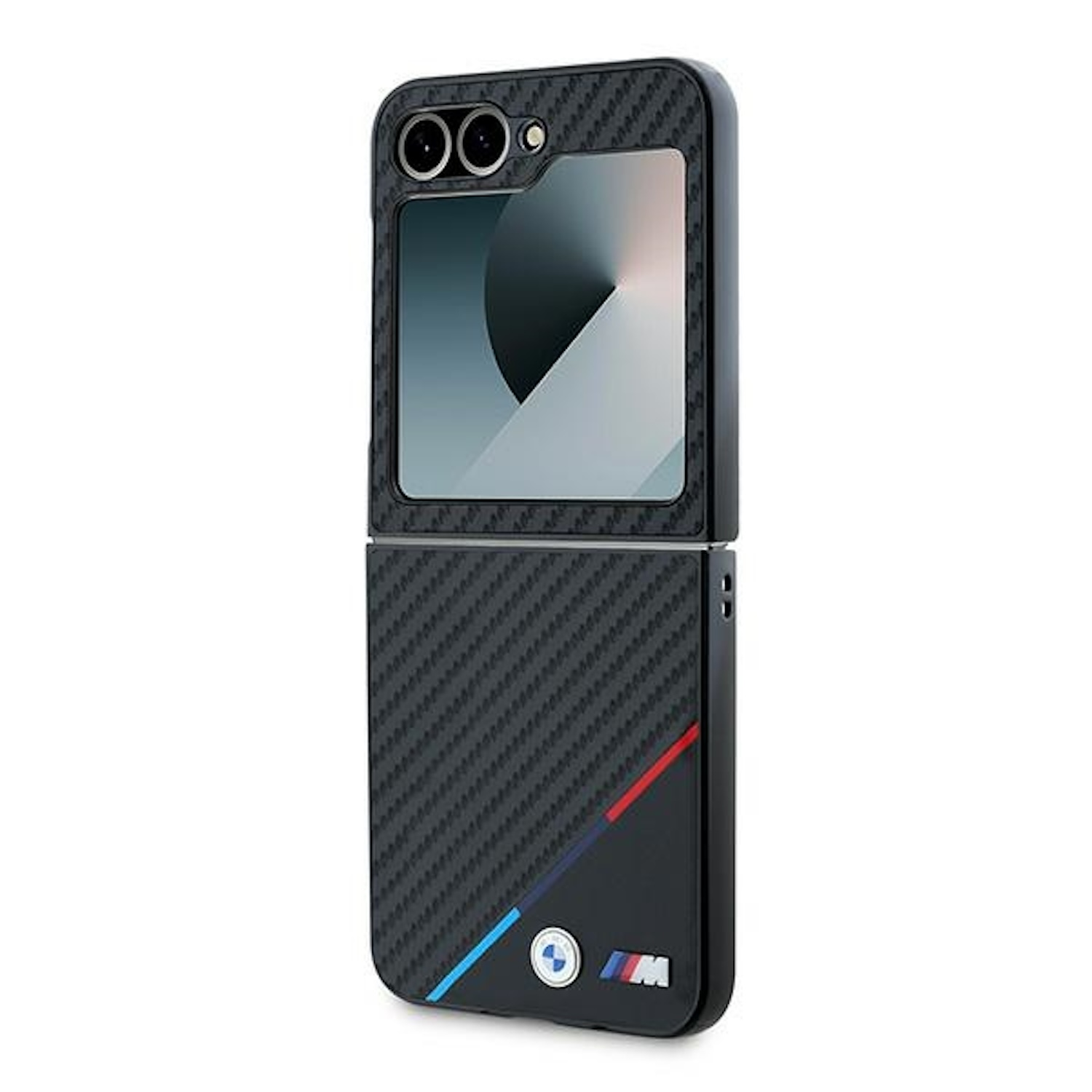 Custodia per telefono pieghevole nera e in fibra di carbonio con logo BMW e strisce rosse e blu.
