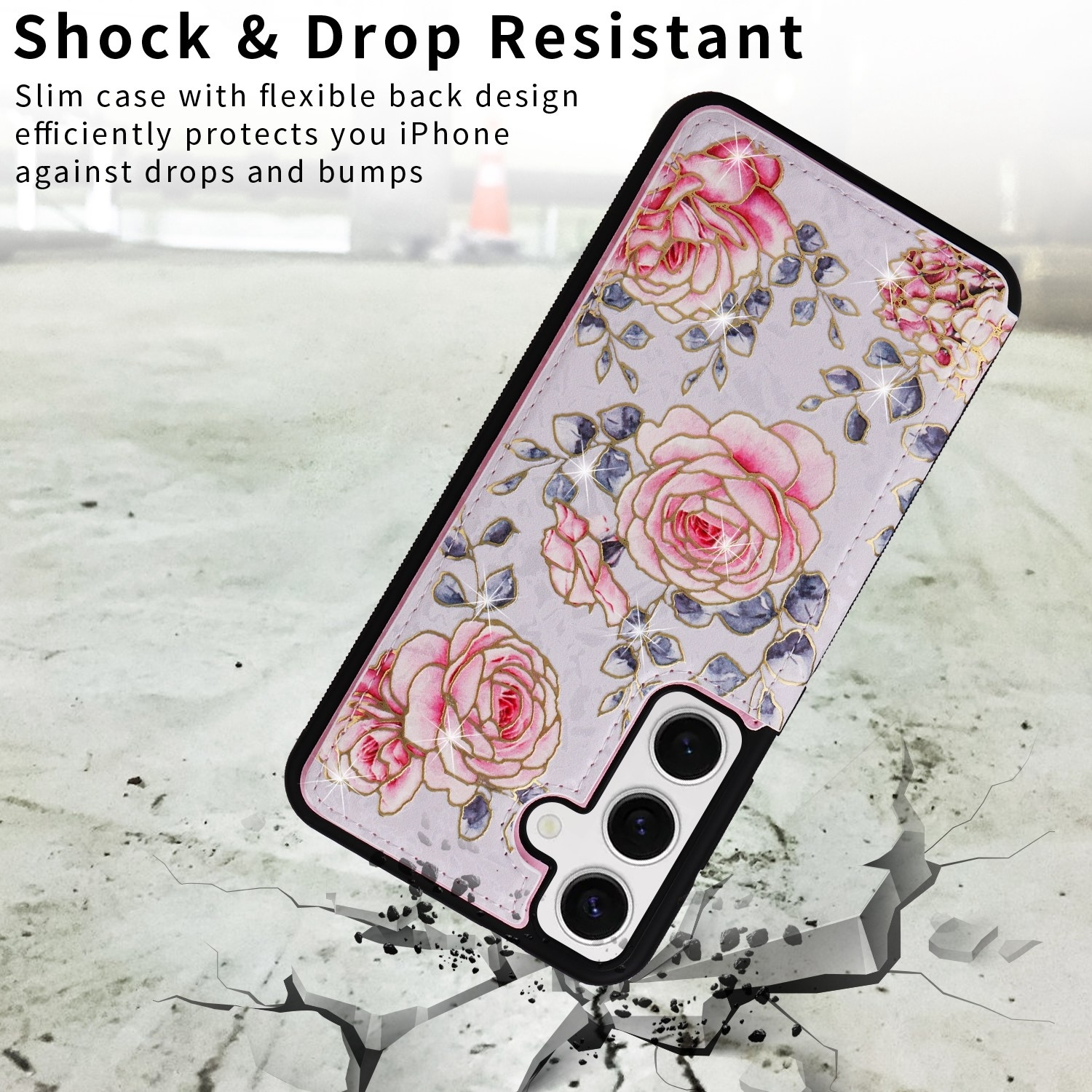 Teléfono con funda de rosas rosas sobre una superficie agrietada. La funda está en ángulo.