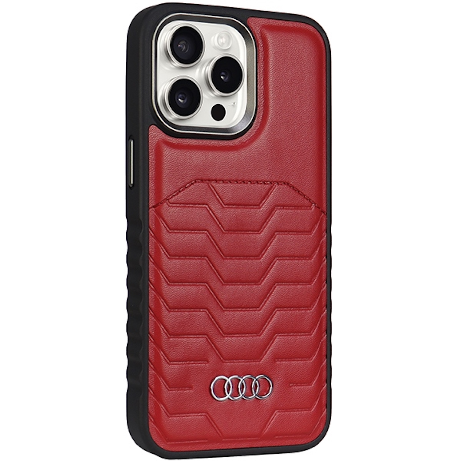 Rote Leder-Handyhülle mit Audi-Logo und strukturiertem Design, schwarzer Rahmen.