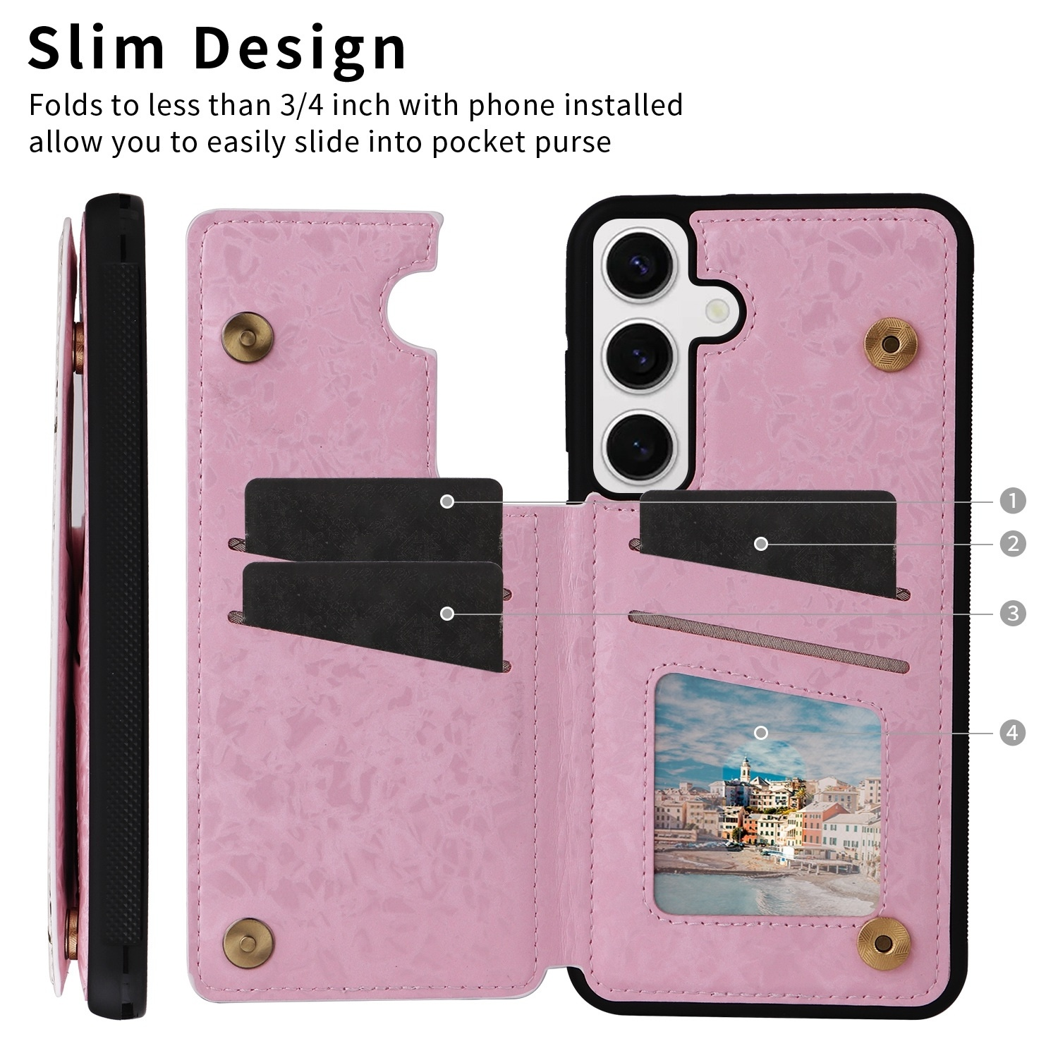 Funda de teléfono rosa, abierta mostrando ranuras para tarjetas y una pequeña imagen de una ciudad.