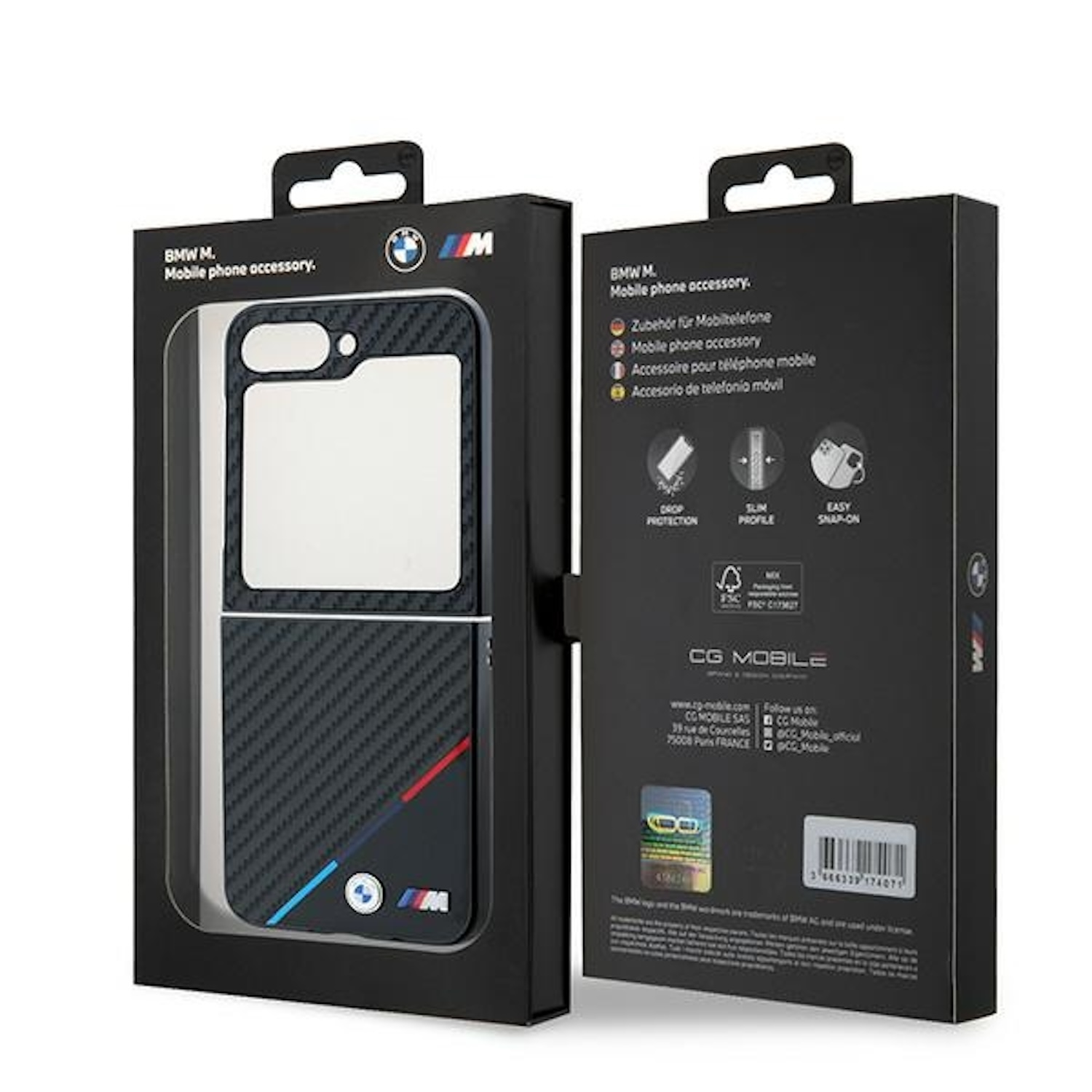 Custodia per telefono nera con logo BMW. La custodia è in una scatola.