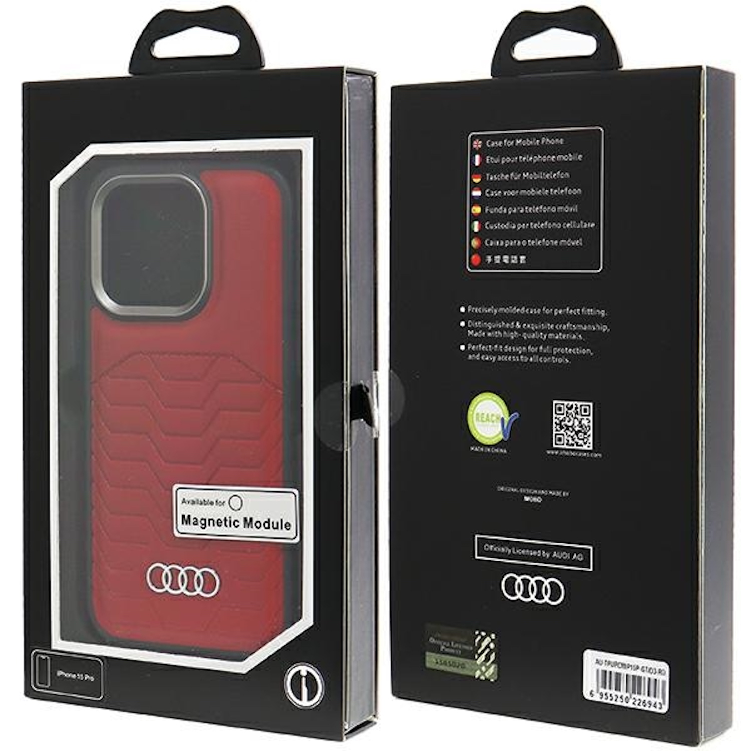 Rote Handyhülle in einer Box. Die Hülle hat ein strukturiertes Design und das Audi-Logo.