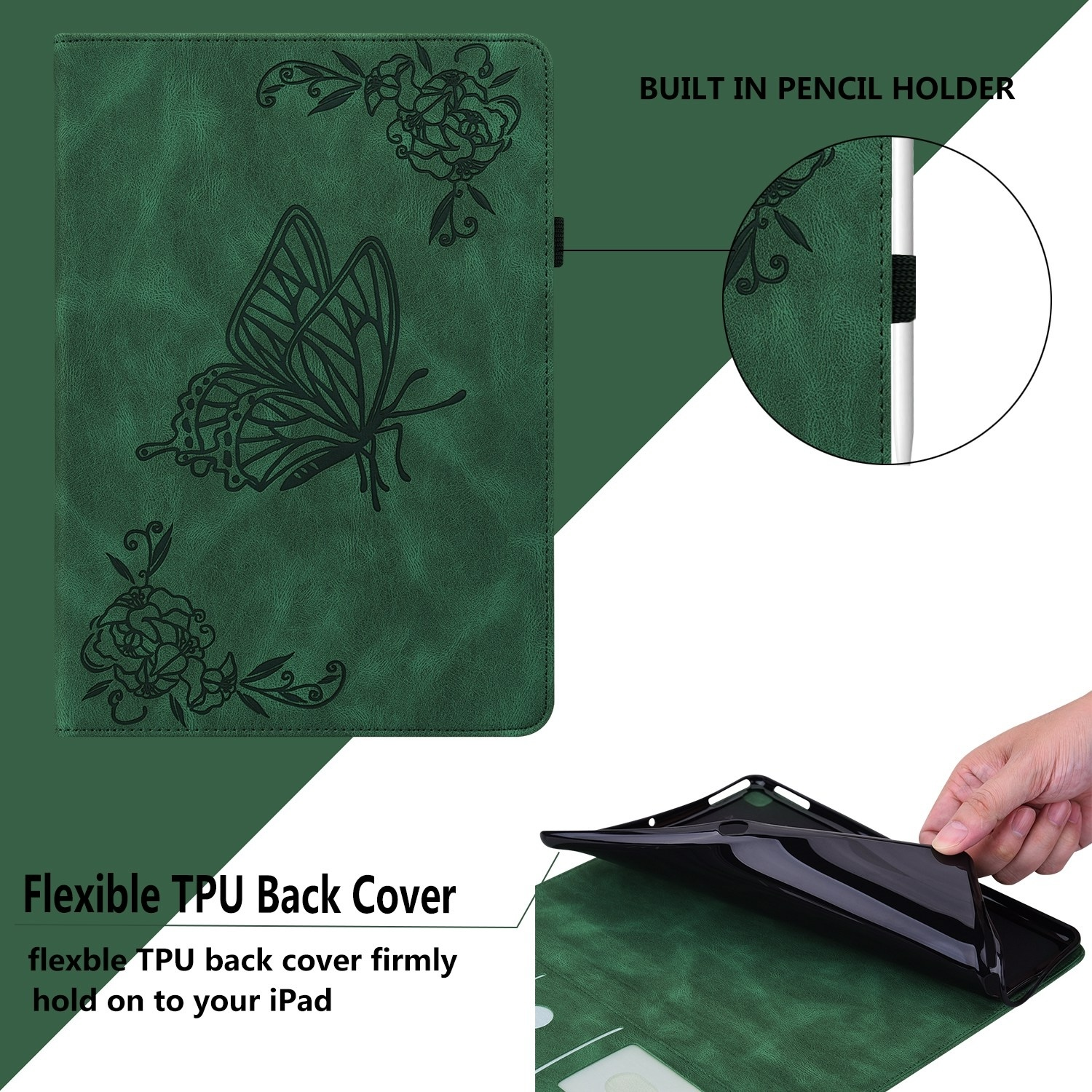 Funda verde para tableta con diseño de mariposa. Primer plano muestra el portalápices e inserción iPad.