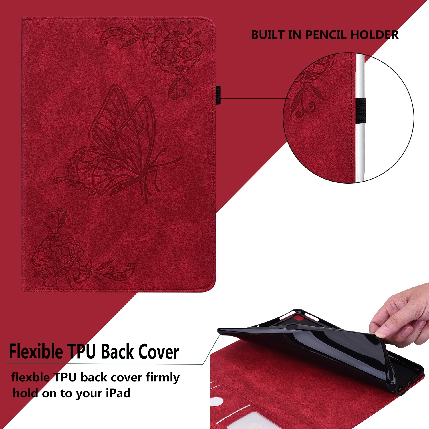 Funda roja para tablet con diseño de mariposa y adornos florales. Con soporte para lápiz y cubierta trasera de TPU.