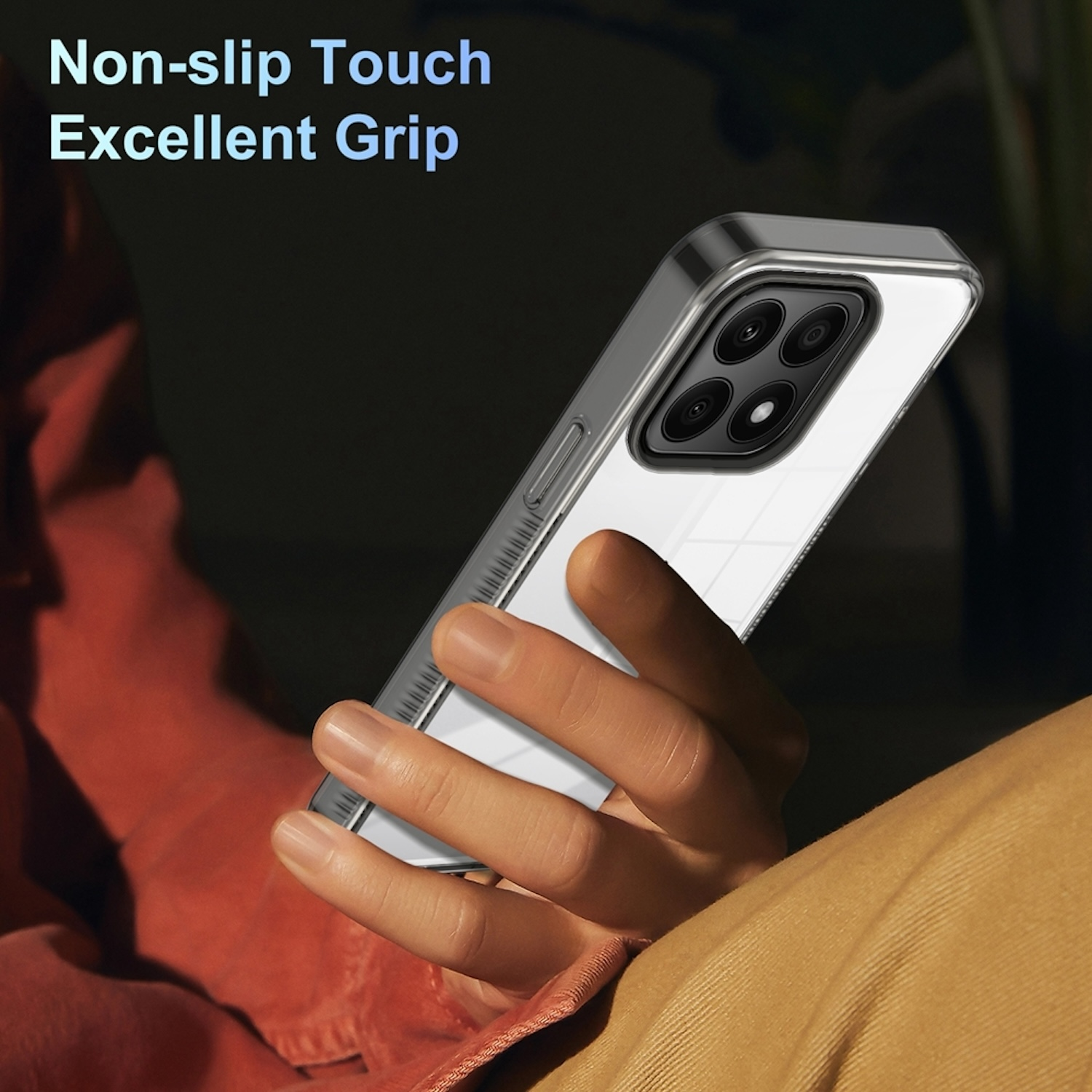 Eine Hand hält ein Telefon in einer transparenten Hülle. Das Telefon hat eine transparente Rückseite und einen silbernen Rahmen.