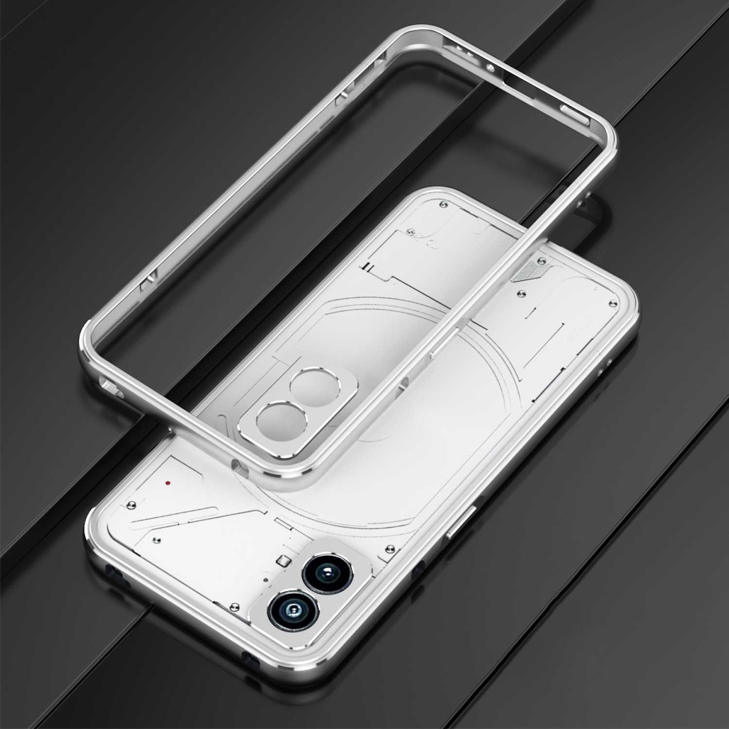 Silberne Handyhülle mit transparentem Rücken, die das interne Design des Telefons zeigt. Modern und elegant.